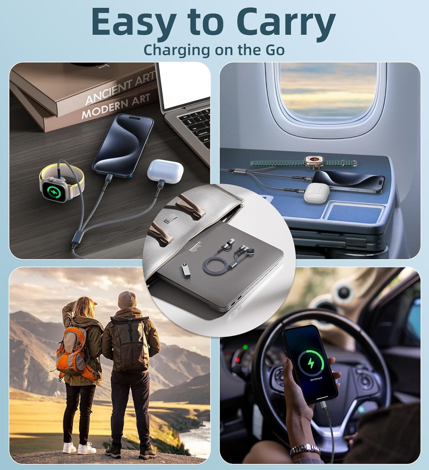 Esenciales de viaje mejorados para Apple Watch, cargador 3 en 2, cable de carga múltiple para iPhone 17, iWatch, cable USB C, esencial para coche, caravana, camping, compatible con iWatch Ultra/SE/11