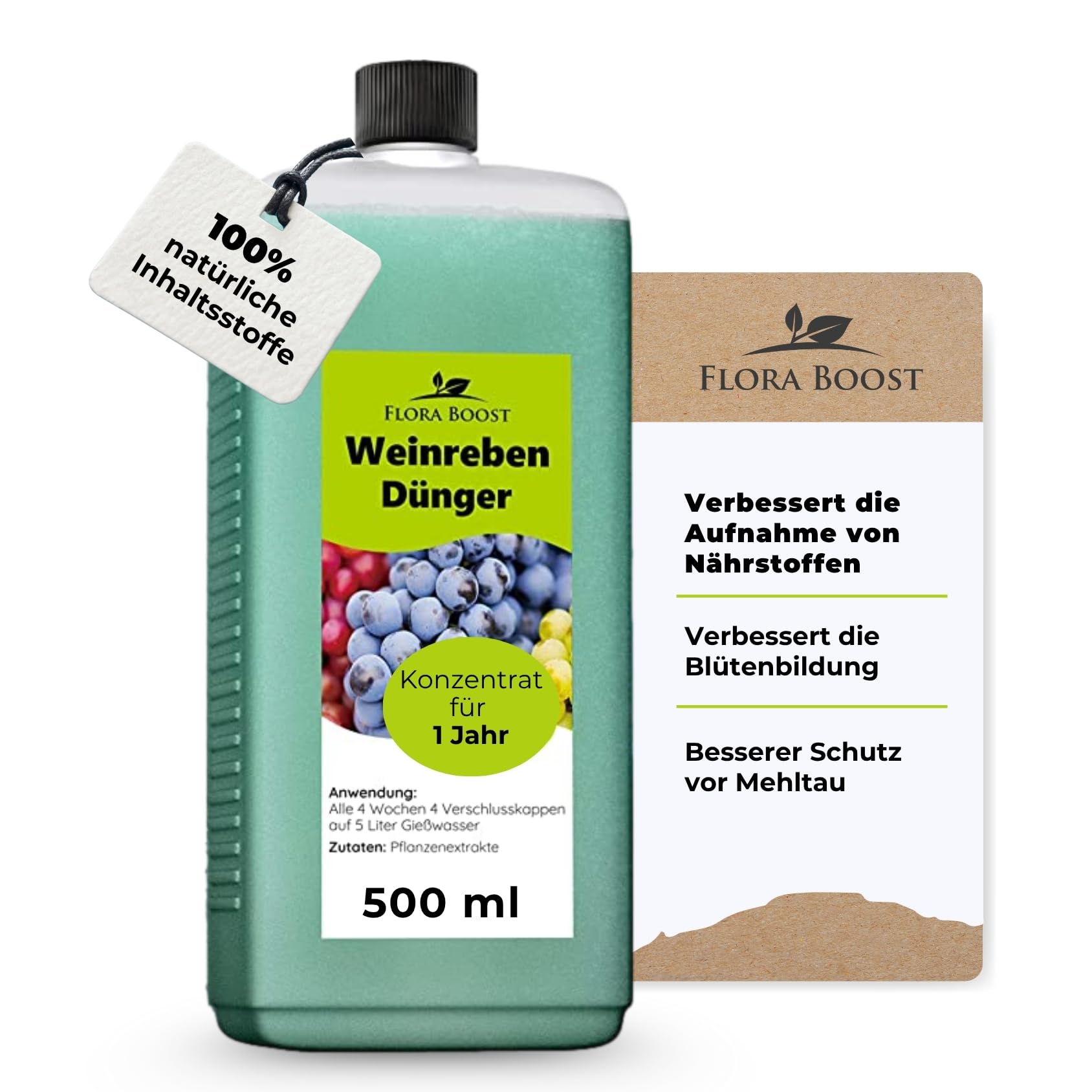 Flora Boost Weinreben Dünger Flora Boost 500ml I Für bis zu 100L Gießwasser I Für gesunde Weinreben & Schutz vor Mehltau I Flüssiger Blatt- & Wurzeldünger I 100% natürlicher Pflanzendünger