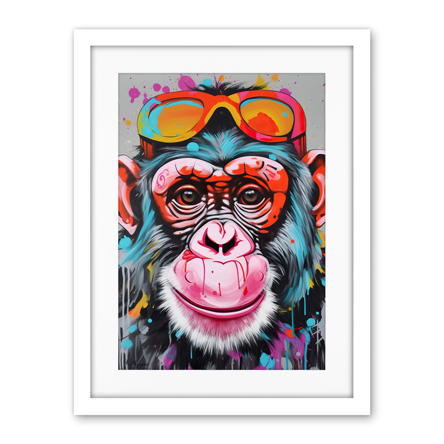 Artery8 Chimpanzee Monkey With Sunglasses Graffiti Pop Art Artwork Framed Wall Art Print 18X24 Inch