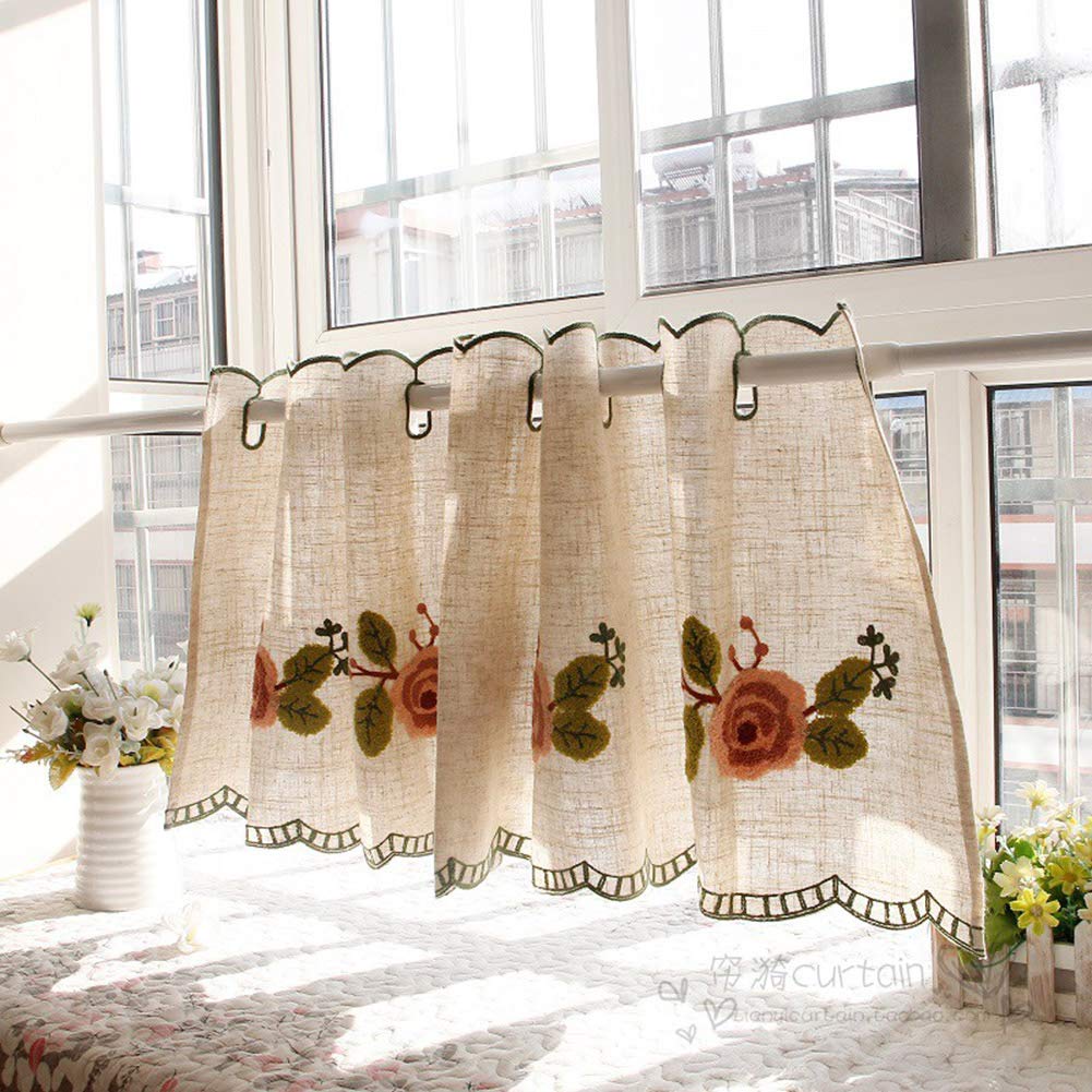 CRYSEU Short Curtains, Floral Embroidered Window Curtain Valance, Short Curtain Grommet, Cotton Blend and Voile Drapes, 1 Panel(Hemp Grey,W115xH42cm/W45xH16.5in)