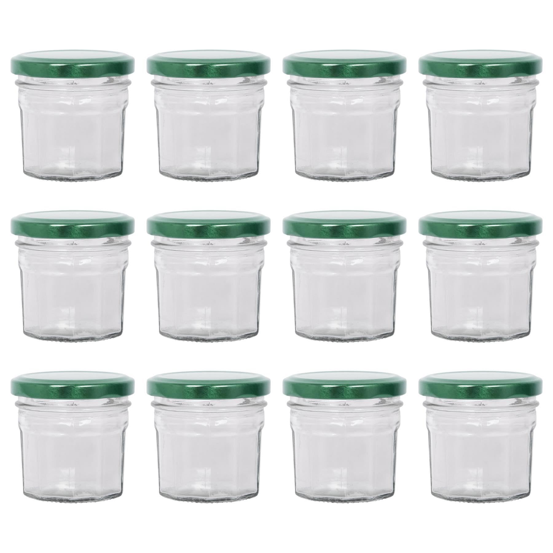 Argon Tableware 12x 90ml Glass Jam Jars with Green Lids - Empty Screw Top Kitchen Food Honey Spice Preserving Canning Storage Jar Set