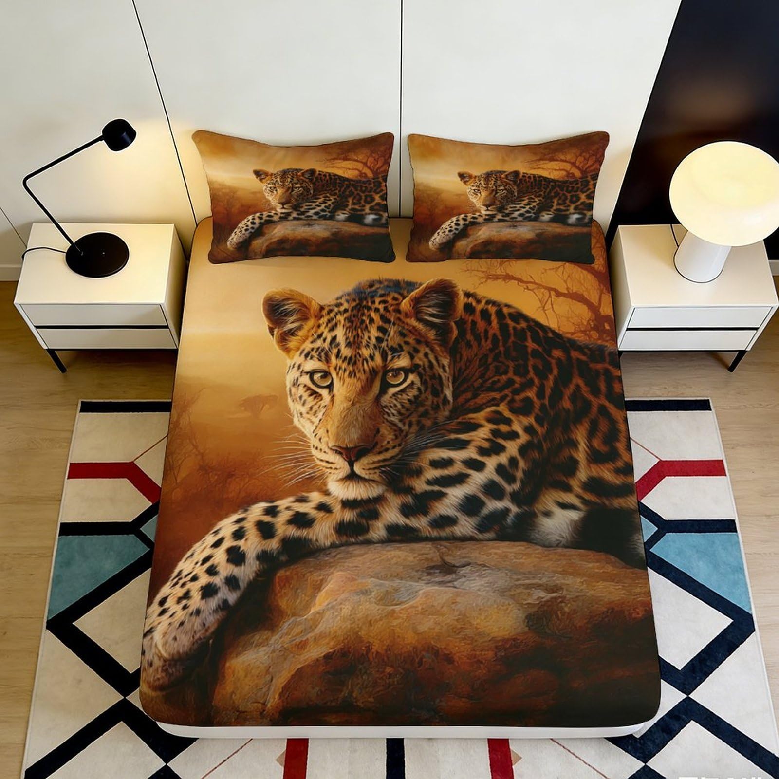 3D Printed Leopard Fitted Sheet Microfiber Deep Pocket Non-Slip Leopard Mattress Fitted Cover Bedroom Bedding for Adults Teens 90x200x25cm