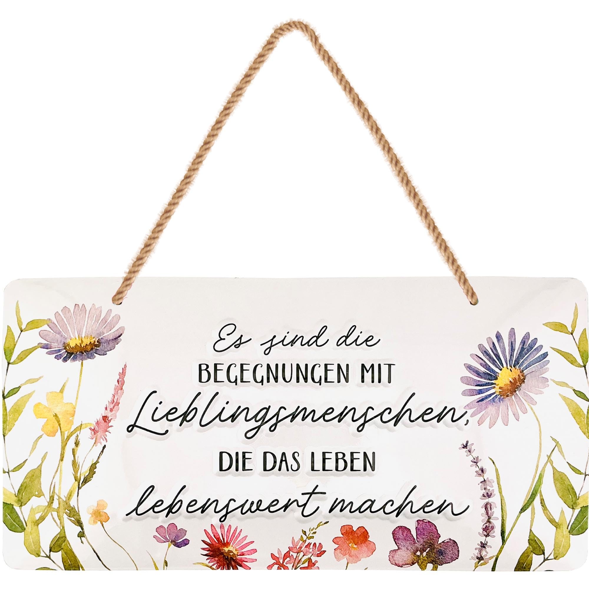 LANOLU Retro Blechschild Begegnungen mit Lieblingsmenschen, vintage Metallschilder mit Sprüchen, Shabby Chic Deko Küche und Garten, Metallschild mit Jutekordel 16x32cm