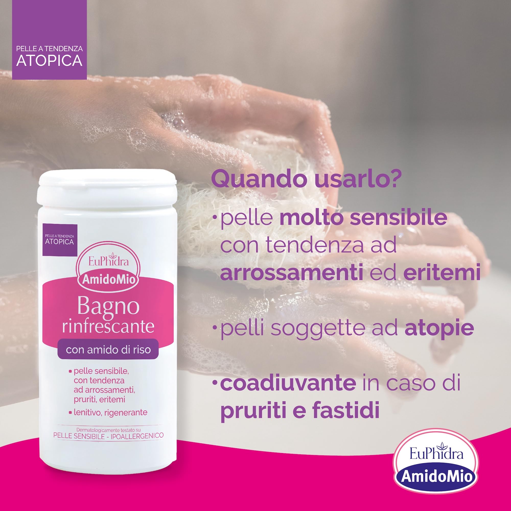 Euphidra - AmidoMio Bagno Rinfrescante, Polvere Lenitiva con Amido di Riso 100% puro, per Pelli Delicate e Sensibili, Rinfrescante e Antinfiammatorio, Flacone 125g