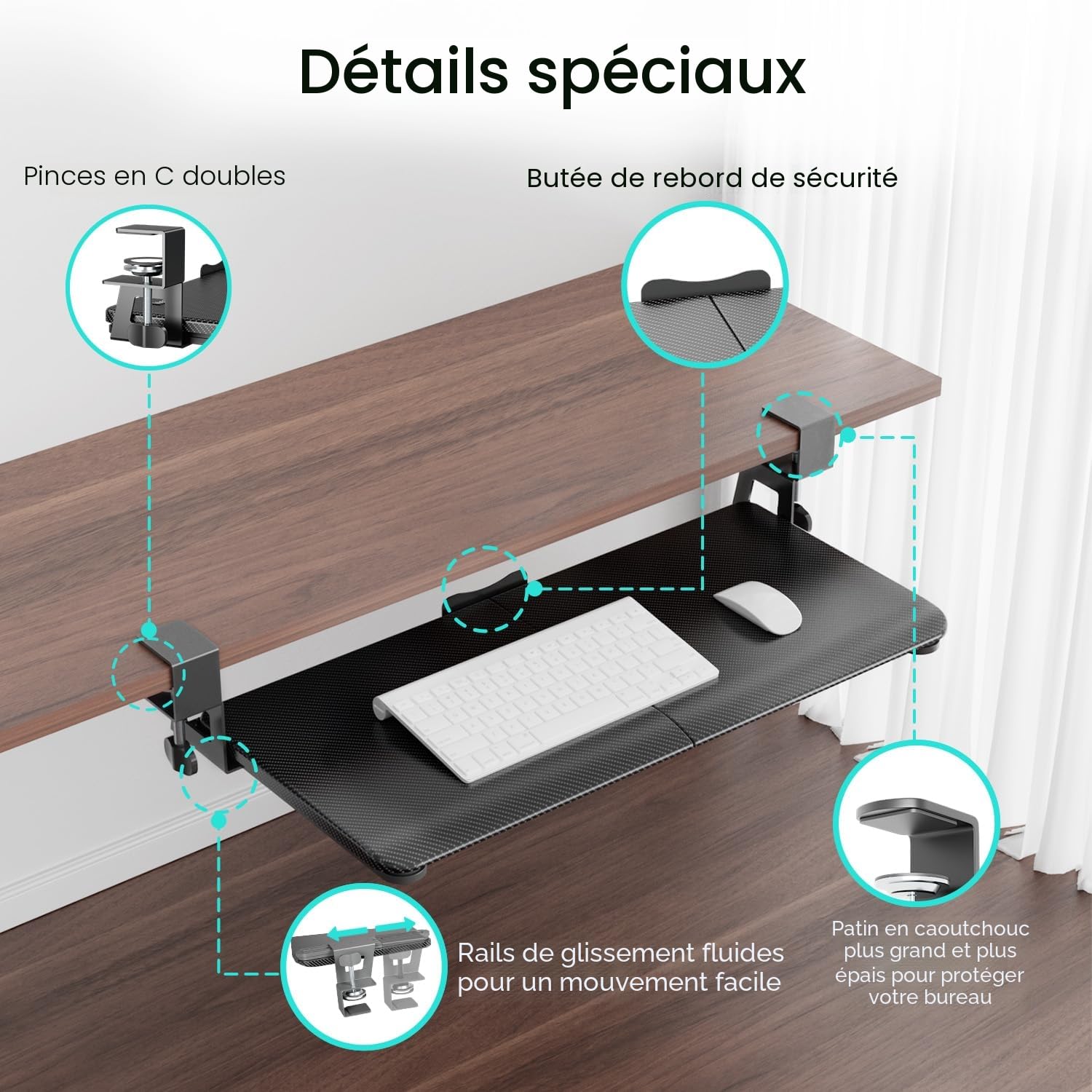 NearHub Grand plateau de clavier coulissant sous le bureau avec système de fixation en C extra robuste, 66 cm (76 cm y compris les pinces) x 27,9 cm, plateforme coulissante stable pour écrire