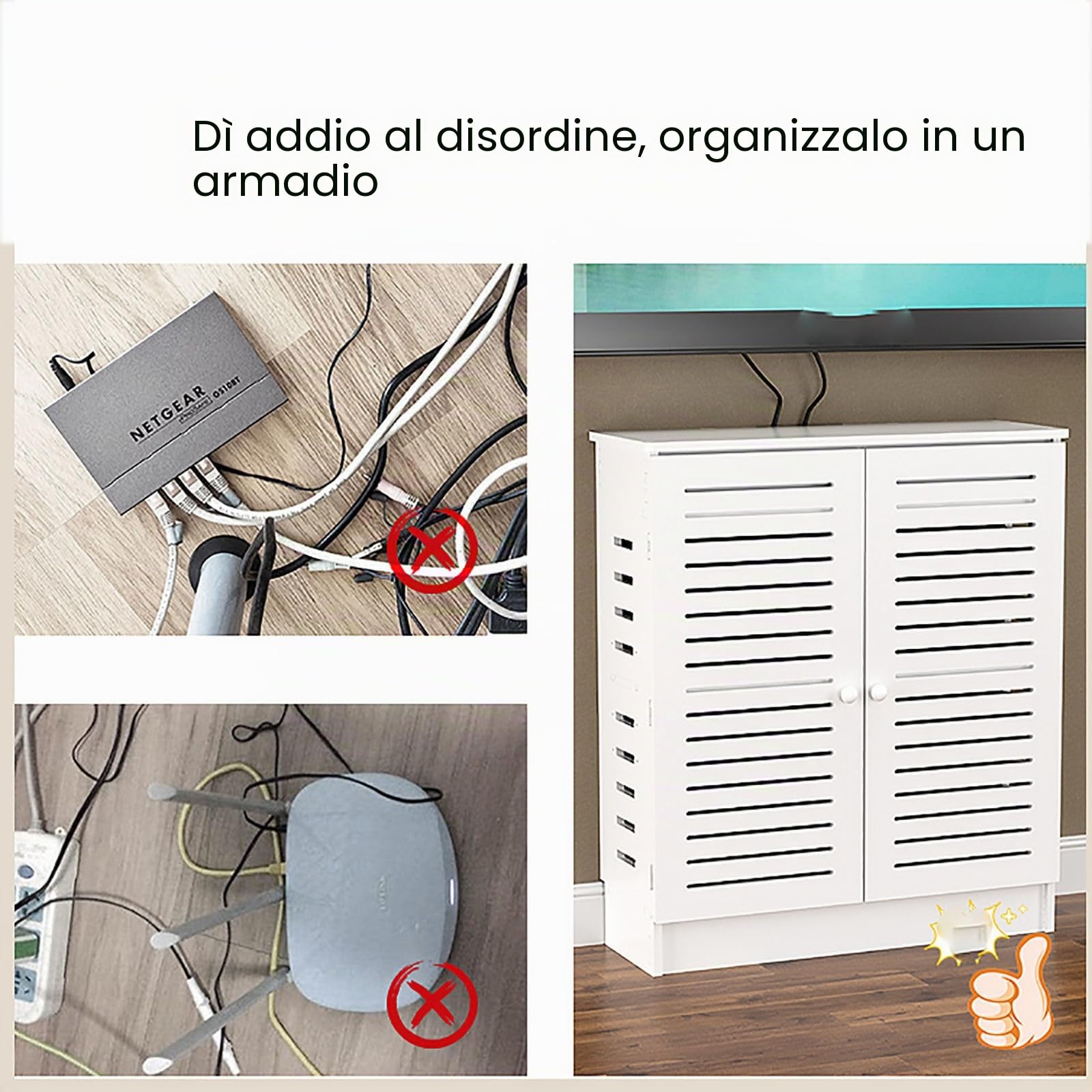 Cassetto di stoccaggio per router WiFi, scaffale in legno a 2 livelli con porta armadio, barra decorativa e scatola nascosta per la gestione dei cavi per l'organizzazione della scrivania