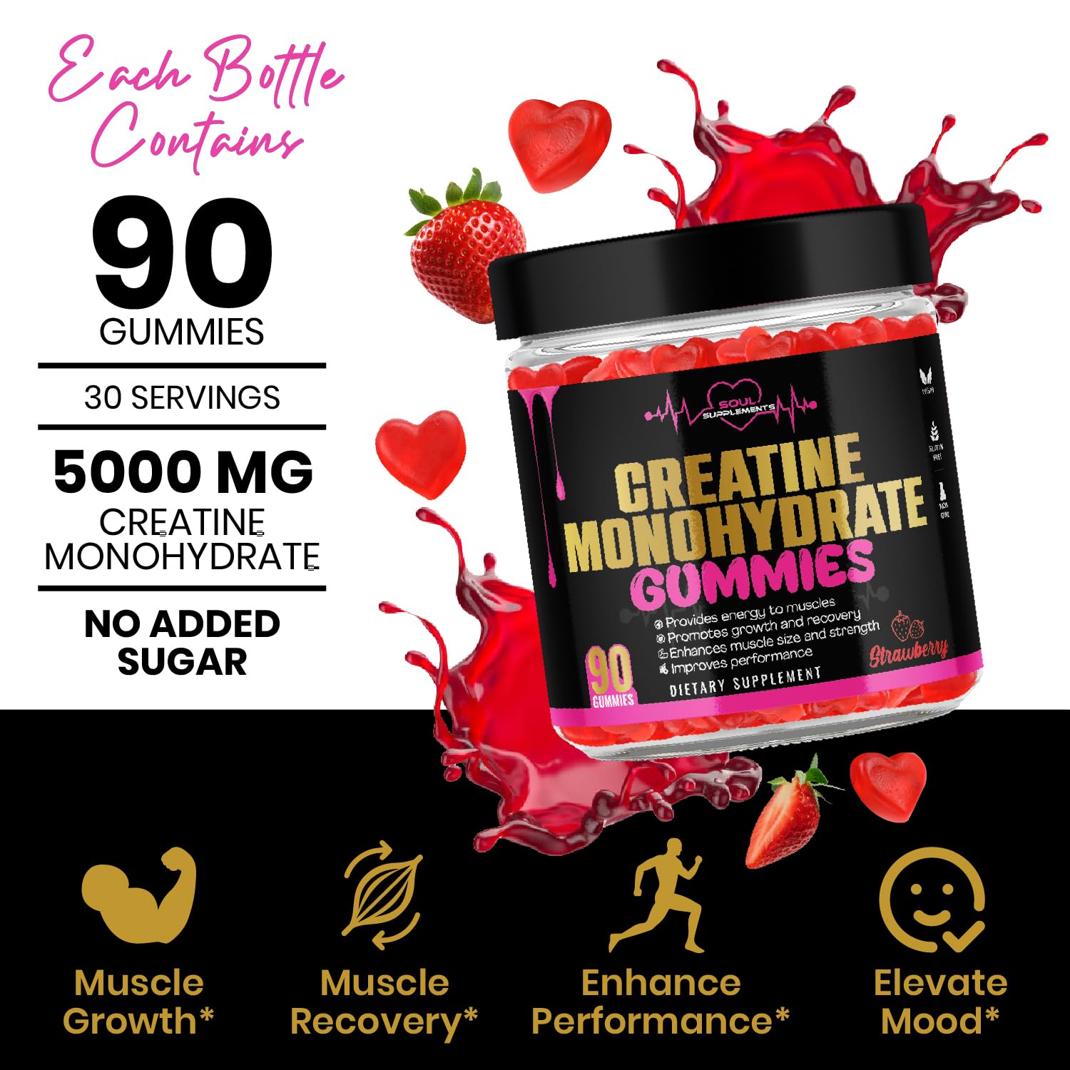 Generic Creatine Monohydrate Gummies for muscle recovery, muscle gain and strength, energy focus and brain health, gluten free, non GMO, vegan supplement for men and women, 30 servings 90 ct