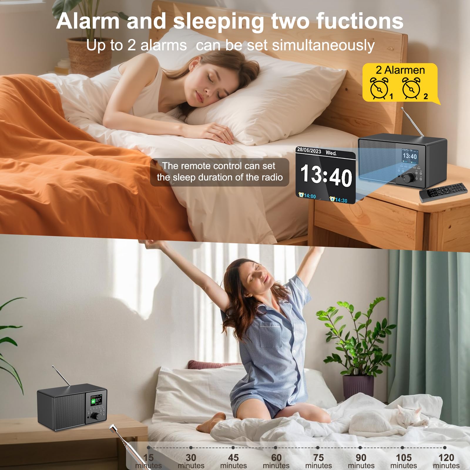 Radio Numérique Dab/Dab+ FM, Radio Nostalgie Retro avec Écran Couleur 2,4, Bluetooth, USB/AUX, Télécommande, Radio Cuisine Réveil Double Réveil, Minuterie Veille, 60 Mémoires Stations (Noir)
