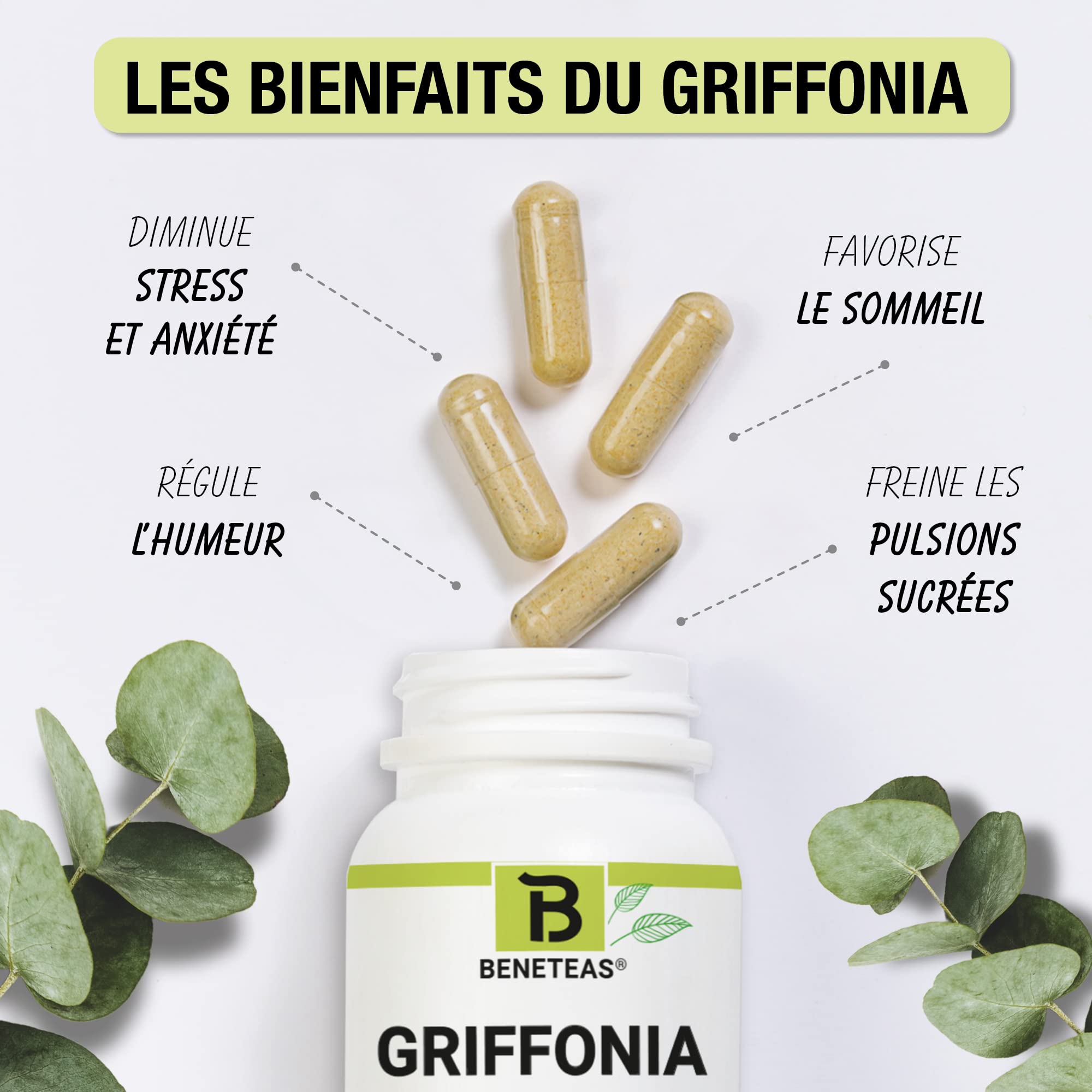 GRIFFONIA 5-HTP | Complément alimentaire | Extrait Griffonia Simplicifolia | Diminue Stress, fatigue, anxiété | Activité cérébrale | 120 gélules | NATUREL | VEGAN | Fabriqué en FRANCE