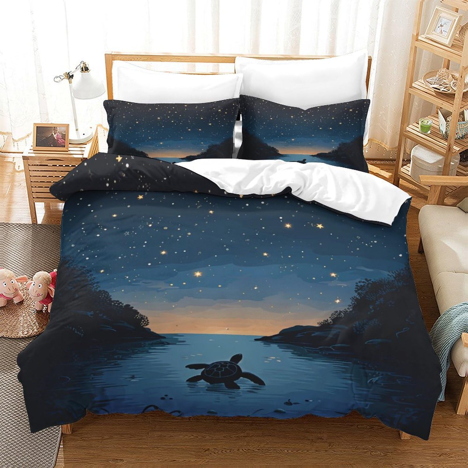 P1s9u7w5y Sea Turtle-7 Starry Lake 3D Printed Duvet Cover Set 3Pcs Soft Microfiber Night Scenery Bedding Set Double（200X200cm）