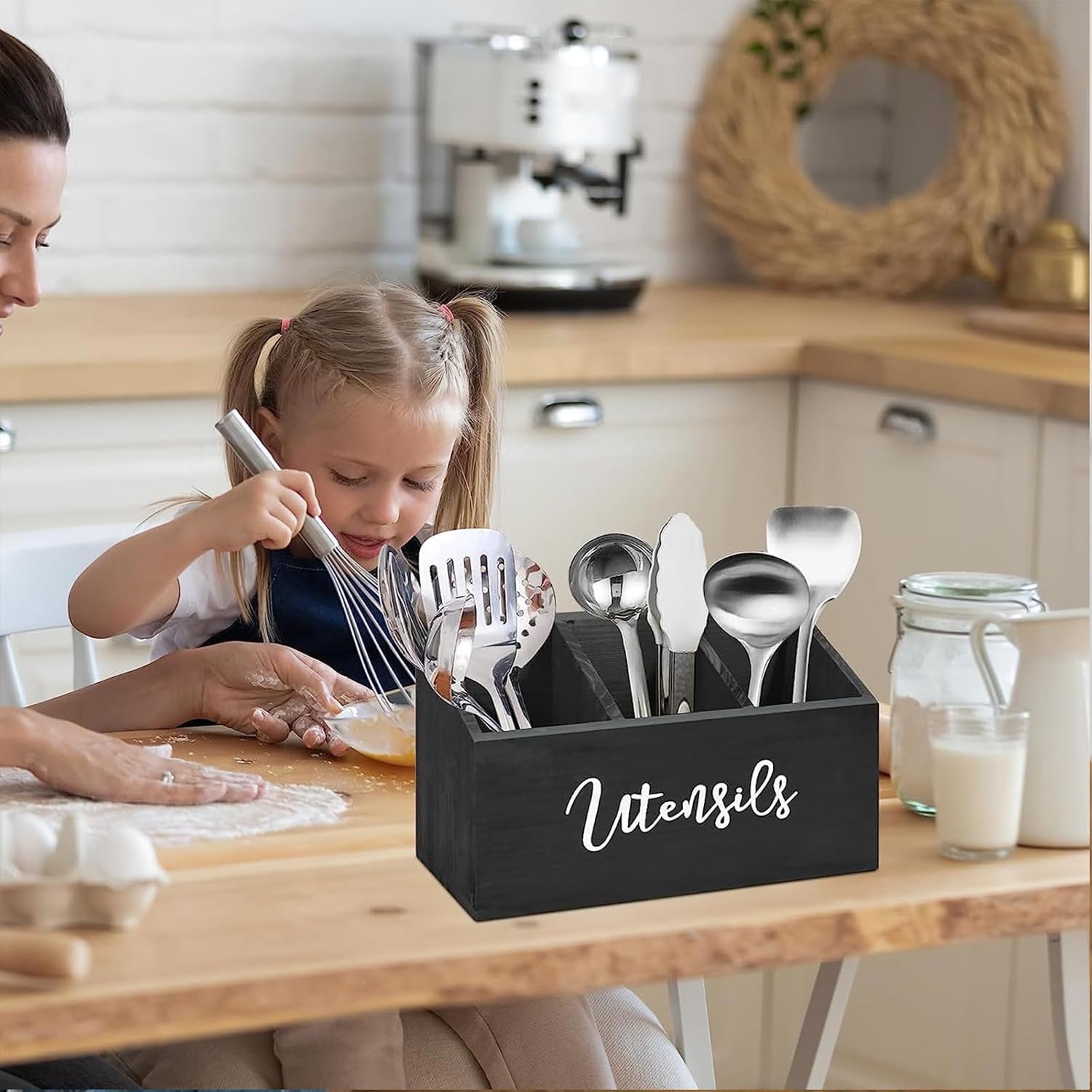 Wooden Utensil Holder, Kitchen Counter Decor Utensil Caddy with 3 Compartments, Kitchen Tools Holder for Spatula Utensil Crock Caddy. (3 compartments)