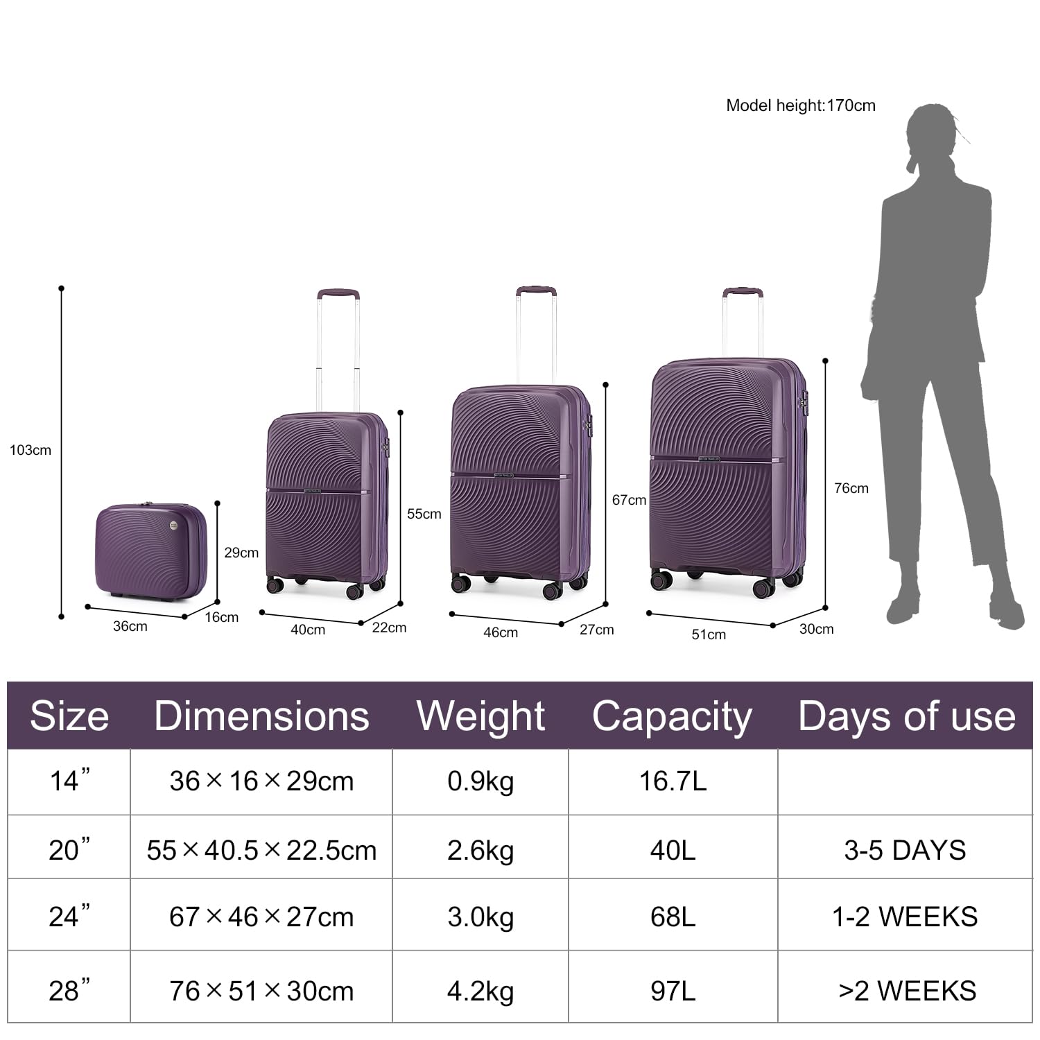 British Traveller Valigia Trolley Polipropilene Valigia Bagaglio a mano Leggero con Ruote, 55cm, Viola