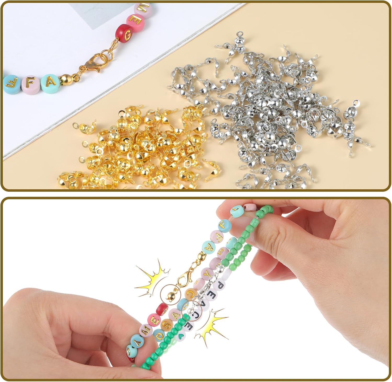 1000PCS Crimp Beads for Jewelry Making, 3mm Crimp Bead Covers, Gold/Silver Bead Bracelet Making Supplies, Knot Covers Clamshell Fold-Over Beads Cover for DIY Bracelet Necklaces Earrings - Image 7