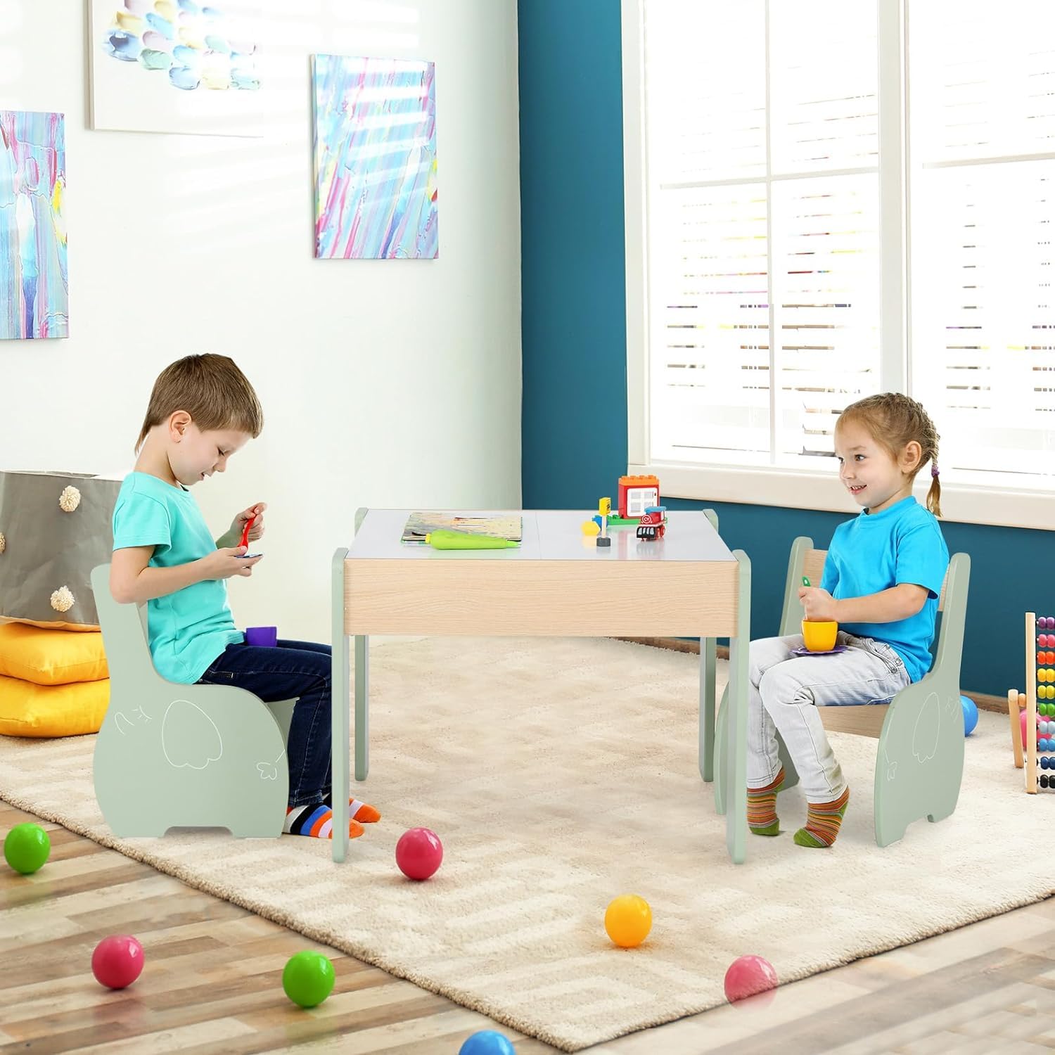 GOPLUS Table Enfant avec 2 Chaises, 4 en 1 Table d’Activité avec Plateau Rabattable à Double Face Tableau Noir/Blanc, Petit Bureau Enfant avec Rangement pour 3-6 Ans, Charge 30KG, Vert