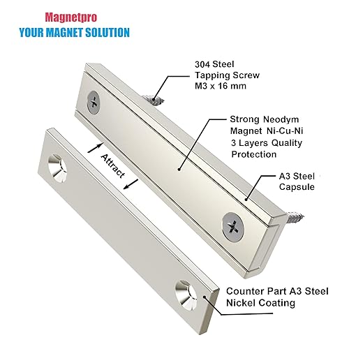 Miniatura 2 de Magnetpro Imanes rectangulares de 70 libras, tamaño de fuerza de 2.36 x 0.53 x 0.20 pulgadas, con contrapartes y agujero avellanado, imán para olla