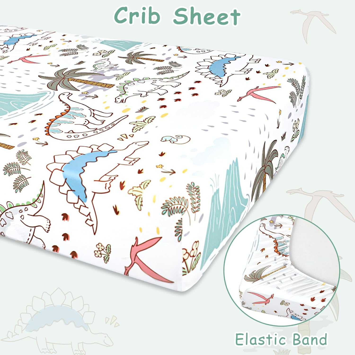 SWESEN Dinosaur Crib Bedding Set 4-Piece for Boys, Crib Set Includes Quilt, Fitted Sheet, Skirt, Diaper Stacker,Ultra-Soft Nursery Bedding Set-Fits Standard 52x28 inch Crib mattresses