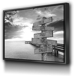 Personalized Family Street Sign Canvas, Custom Names Wooden Signpost Wall Art, Black and White Beach Pier Landscape Print, Rustic Coastal Home Decor for Living Room Bedroom, Travel Memory Gift, 4