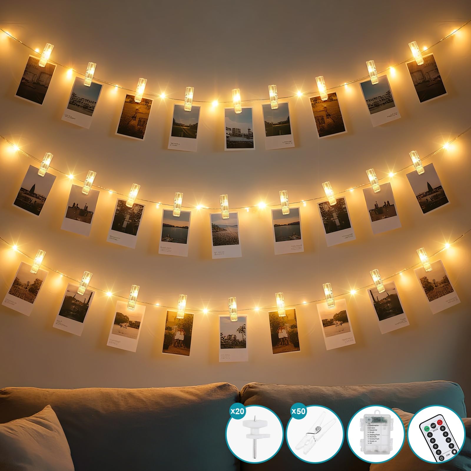 Litogo 100 LED Dimmable Foto-Clip Zeichenfolge Lichter mit Remote, 10 Meter Länge