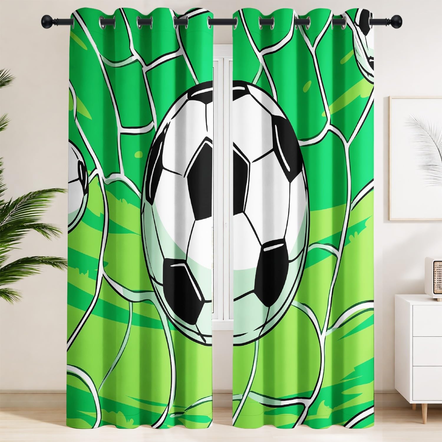Zasłony zaciemniające 120 x 190 cm – zasłony termiczne z siatką do piłki nożnej, piłki nożnej, sportu, aktywnej energetycznie młodzieży, zestaw 2 bardzo szerokich zasłon do sypialni chłopców, szkolnej