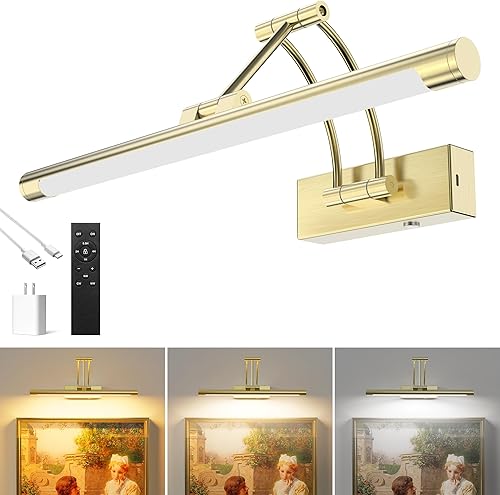 Brass Picture Light for Wall - 16inch Dimmable & Rechargeable Art Light with 25H