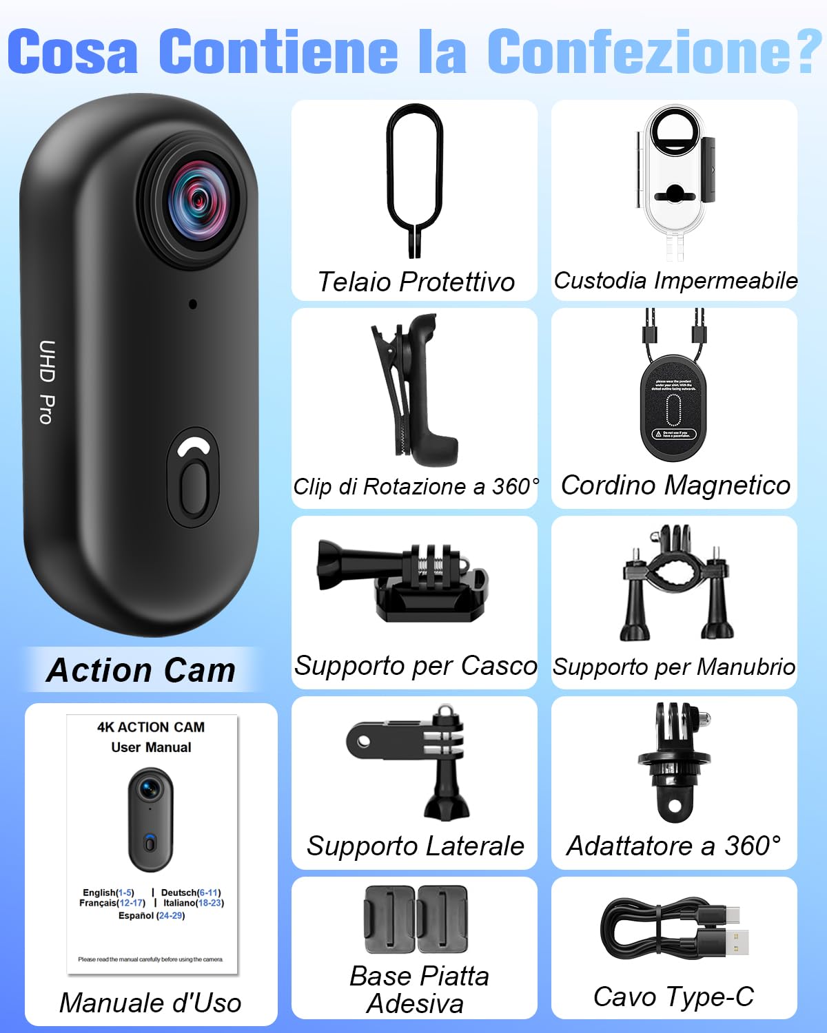 Action Cam 4K, Fotocamera Subacquea 30M, 120° Videocamera Sportiva WiFi Mini Telecamera Sportiva Body Cam Telecamera per Pollici Bici Moto Casco Sci Surf con Accesorios Multiples