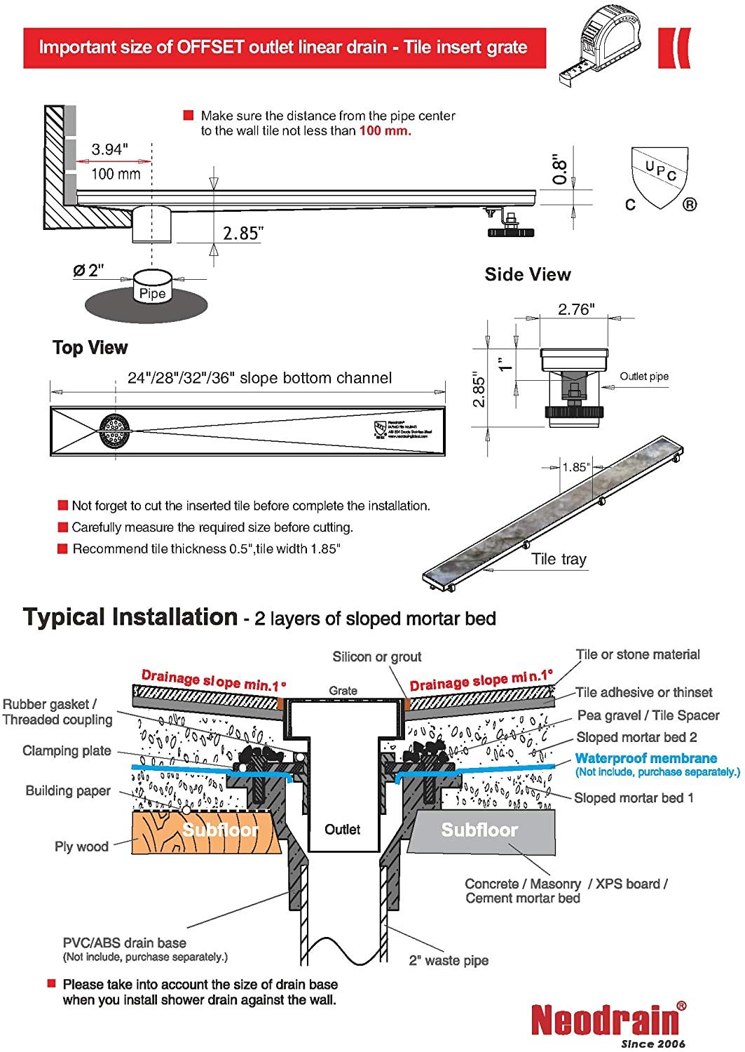 Buy Neodrain 24Inch Offset Linear Shower Drain with Tile Insert Grate