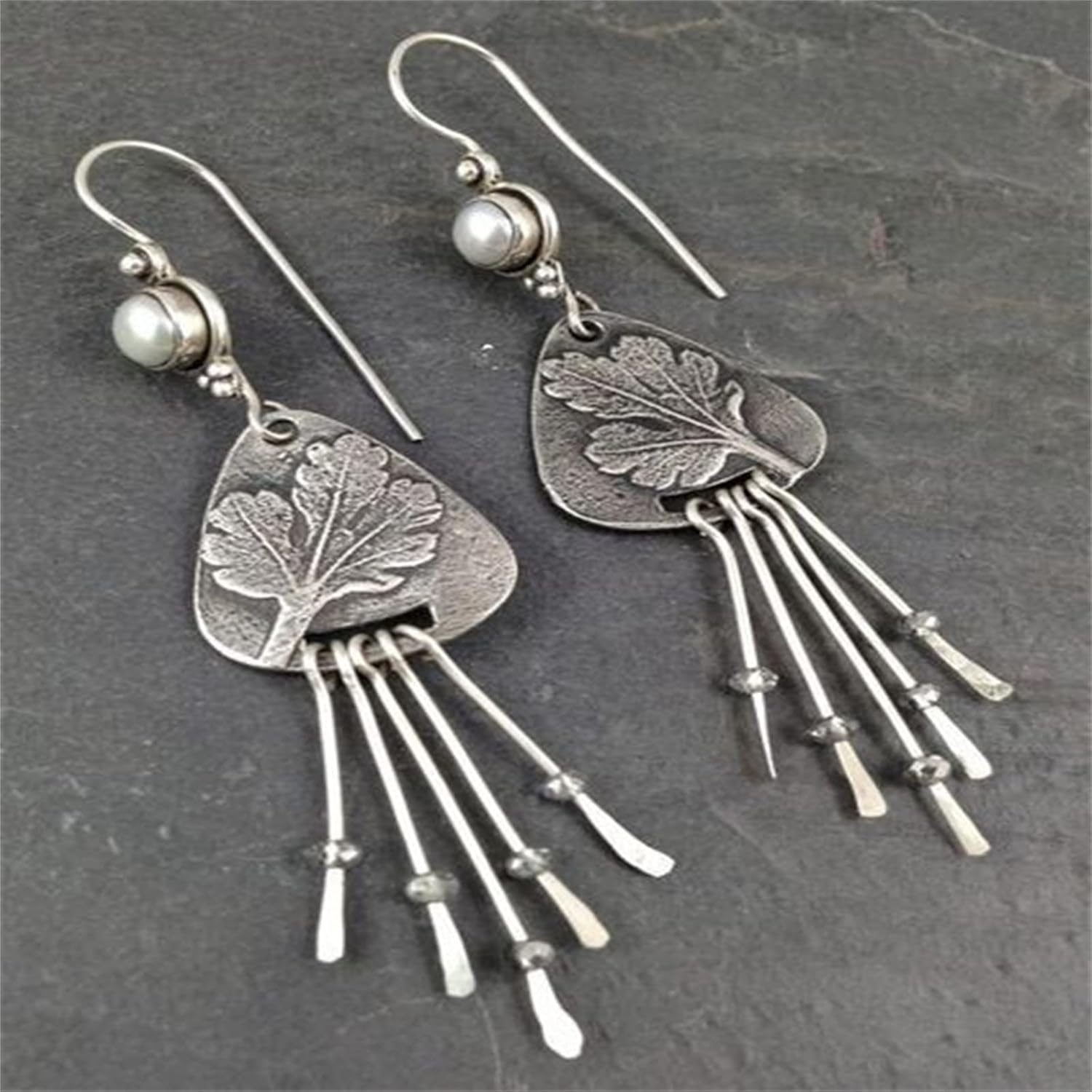 Long Handmade Tassel Earrings for Women Girls Personalized Antiqued Silver Vintage Bohemian Tree Leaf Pearl Dangle Drop Statement Earrings Boho Jewelry Gifts - Image 5