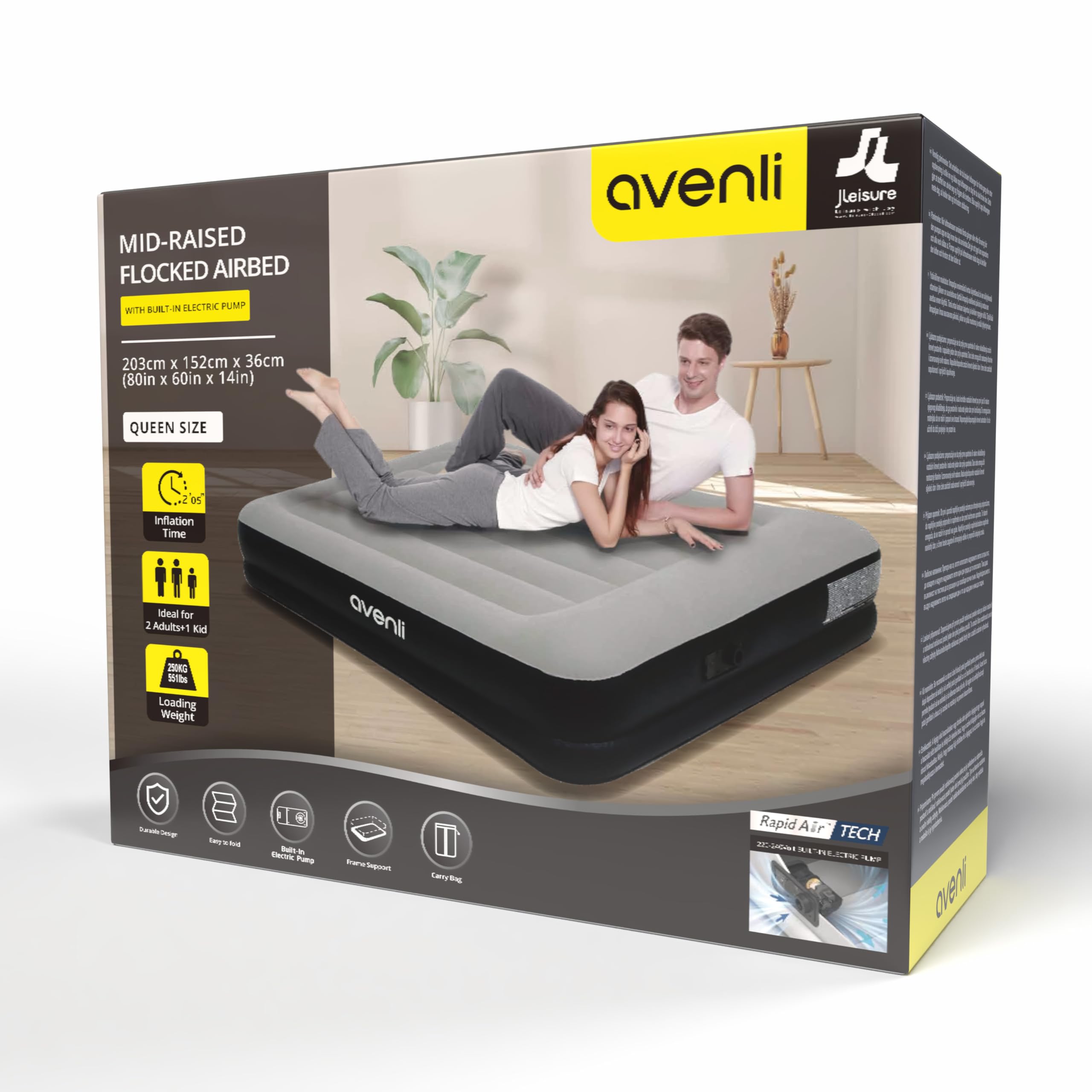 AVENLI Materasso gonfiabile autogonfiabile Queen-Size 203x152x36 cm, 2 persone, I-Beam, autogonfiabile, fino a 300 kg, grigio, campeggio letto ospiti outdoor