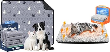 WanpeeGoo Pet Essentials Bundle 4 Pack Washable Dog Pee Pads 18"x24" Grey + Self-Warming Cat Bed 18"x27" Reusable, Leakproof, Non-Slip Puppy Pads & Plush Heated Pet Mat for Cats and Small Dogs