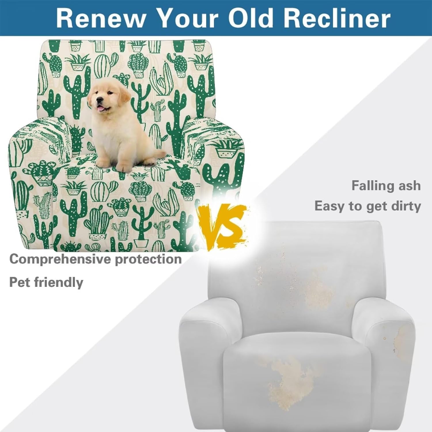 Cactus Green Beige Recliner Chair Covers Lazyboy Recliner Covers Stretch Couch Cover Slipcovers 4 Piece Furniture Protector with Elastic Bottom for Dog