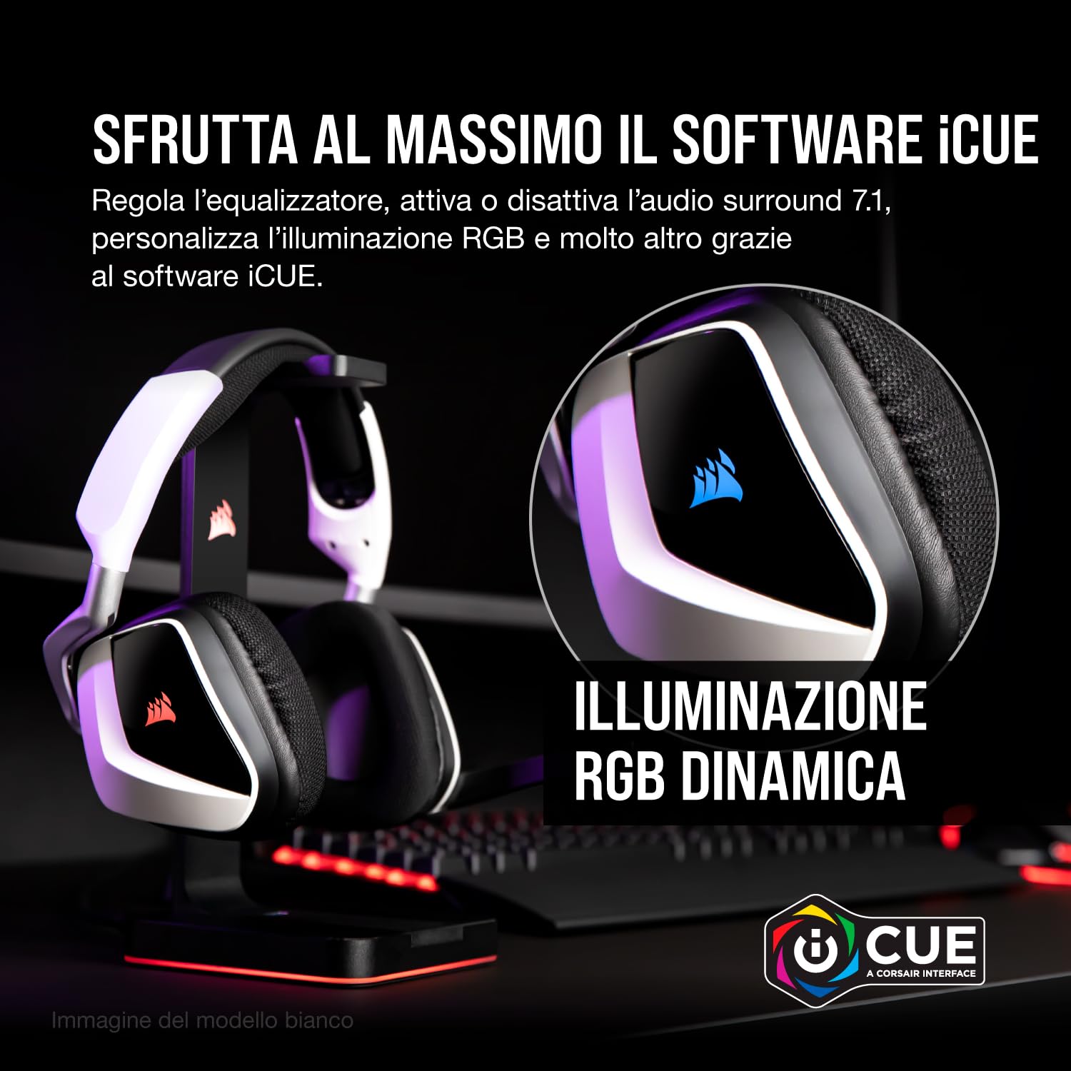 Corsair VOID ELITE Wireless Cuffie Gaming con Microfono, Audio 7.1 , Wireless 2.4 GHz a Bassa Latenza, 12 metri di Portata, Personalizzabili Illuminazione, Compatibile con PC/Mac/Playstation, Nero