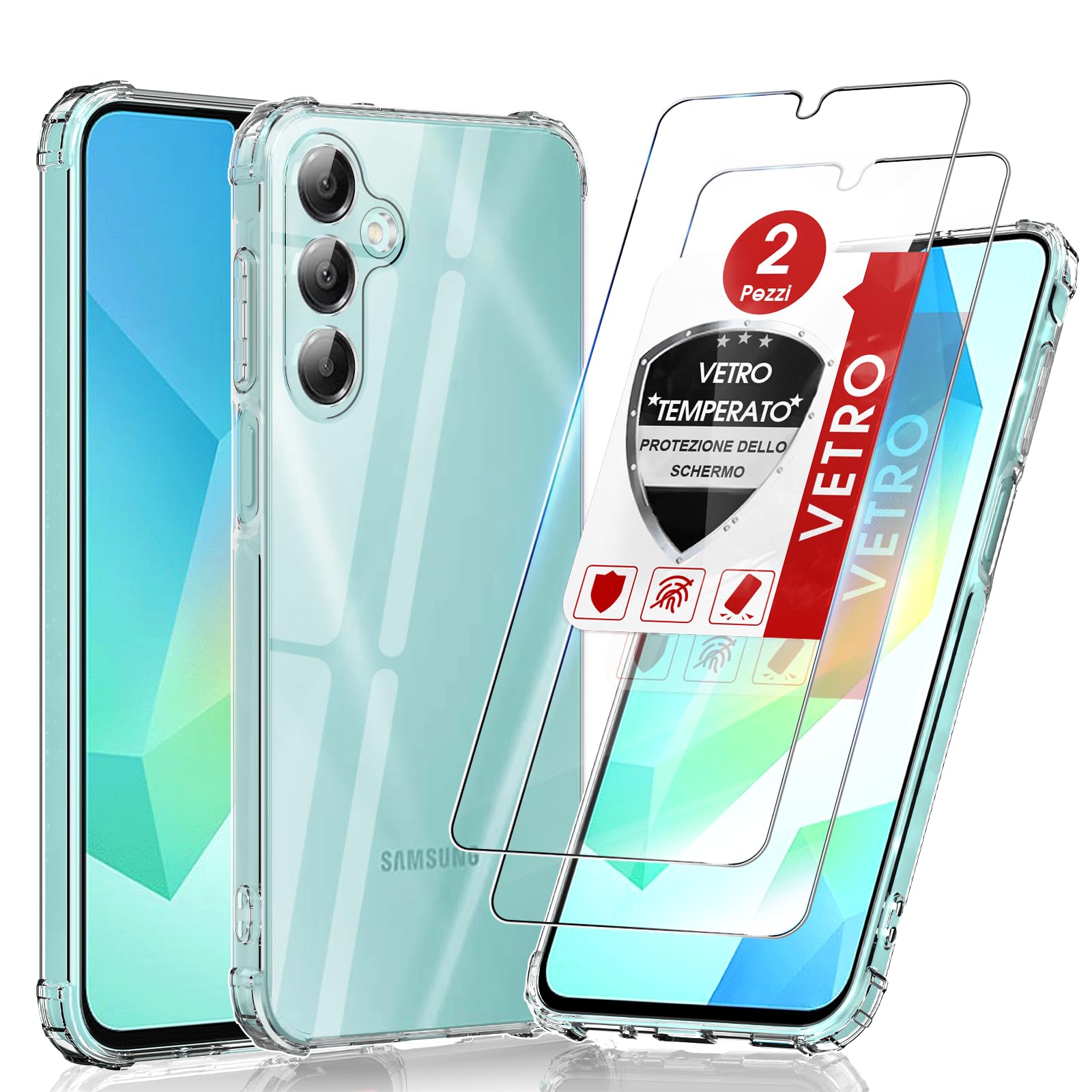 LeYi Cover per Samsung Galaxy A16/A 16 5G/4G con 2 Vetro Temperato, Custodia Armor Trasparente Silicone Morbida Puro Soft TPU Gel Bumper Originale Slim Crystal Antiurto Case per Telefono Samsung A16