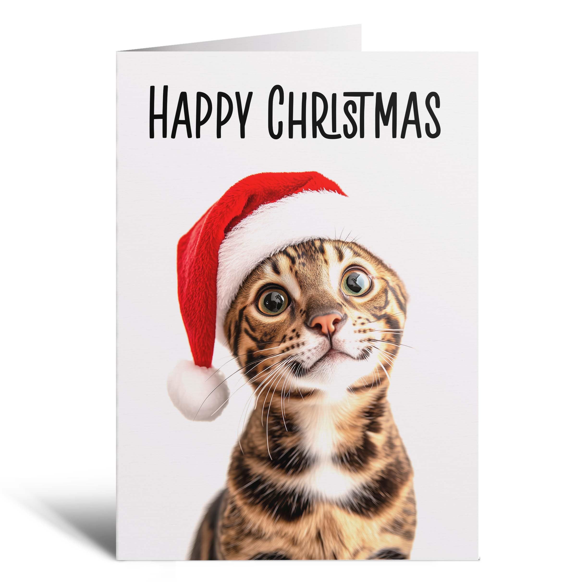 Postcard Prints - Fun Christmas Card of a Bengal Cat Wearing A Santa Hat Whimsical Christmas Card For Animal Lover For Him or Her - 4 Cards โ image 1