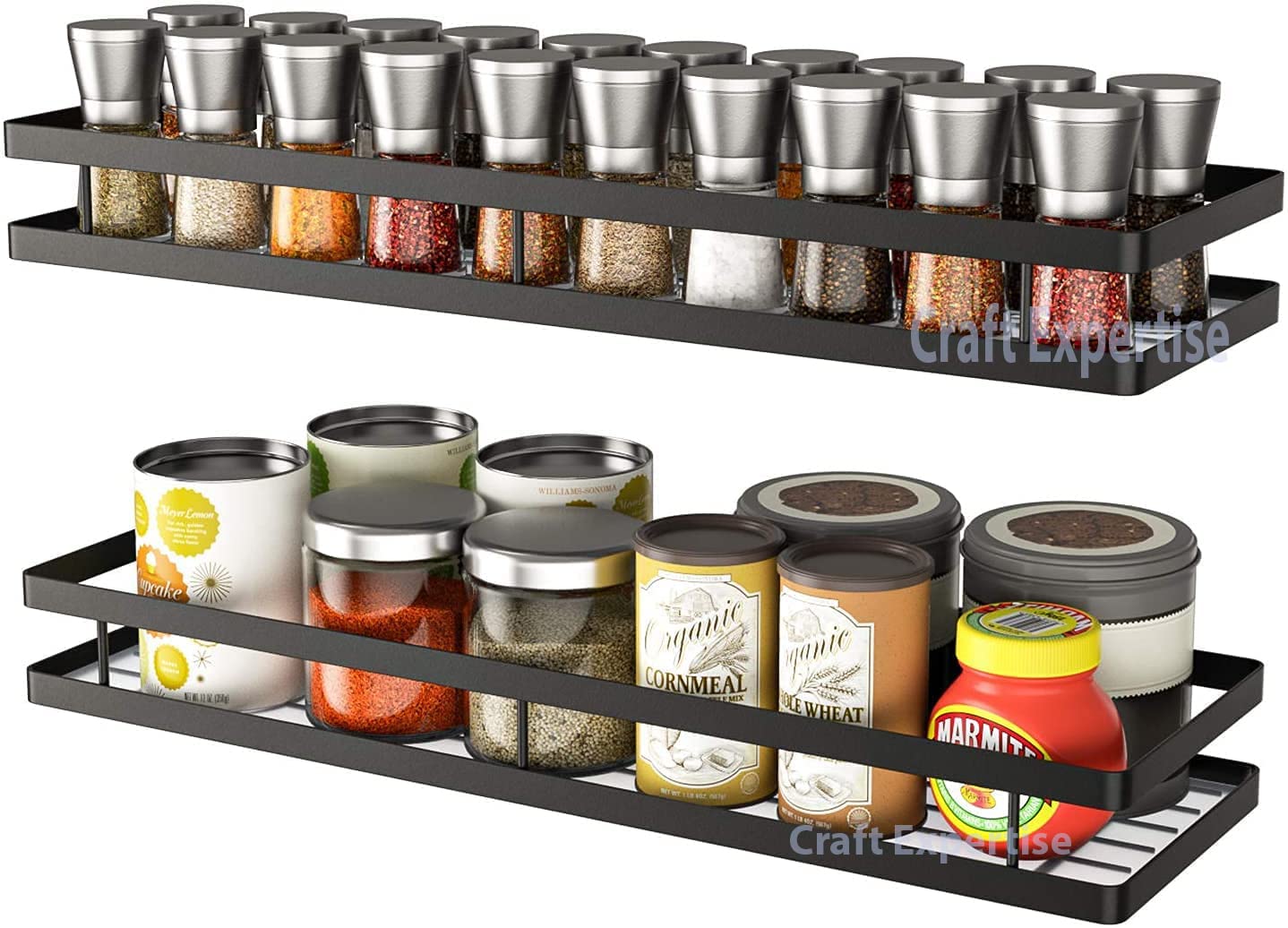 Craft Expertise Metal Spice Rack Organizer – Wall Mounted Hanging Shelf Holder for Kitchen Storage – Black Iron Spice Rack for Cabinet, Pantry & Countertop (16 x 5.25 x 2.5 Inches, Pack of 2)