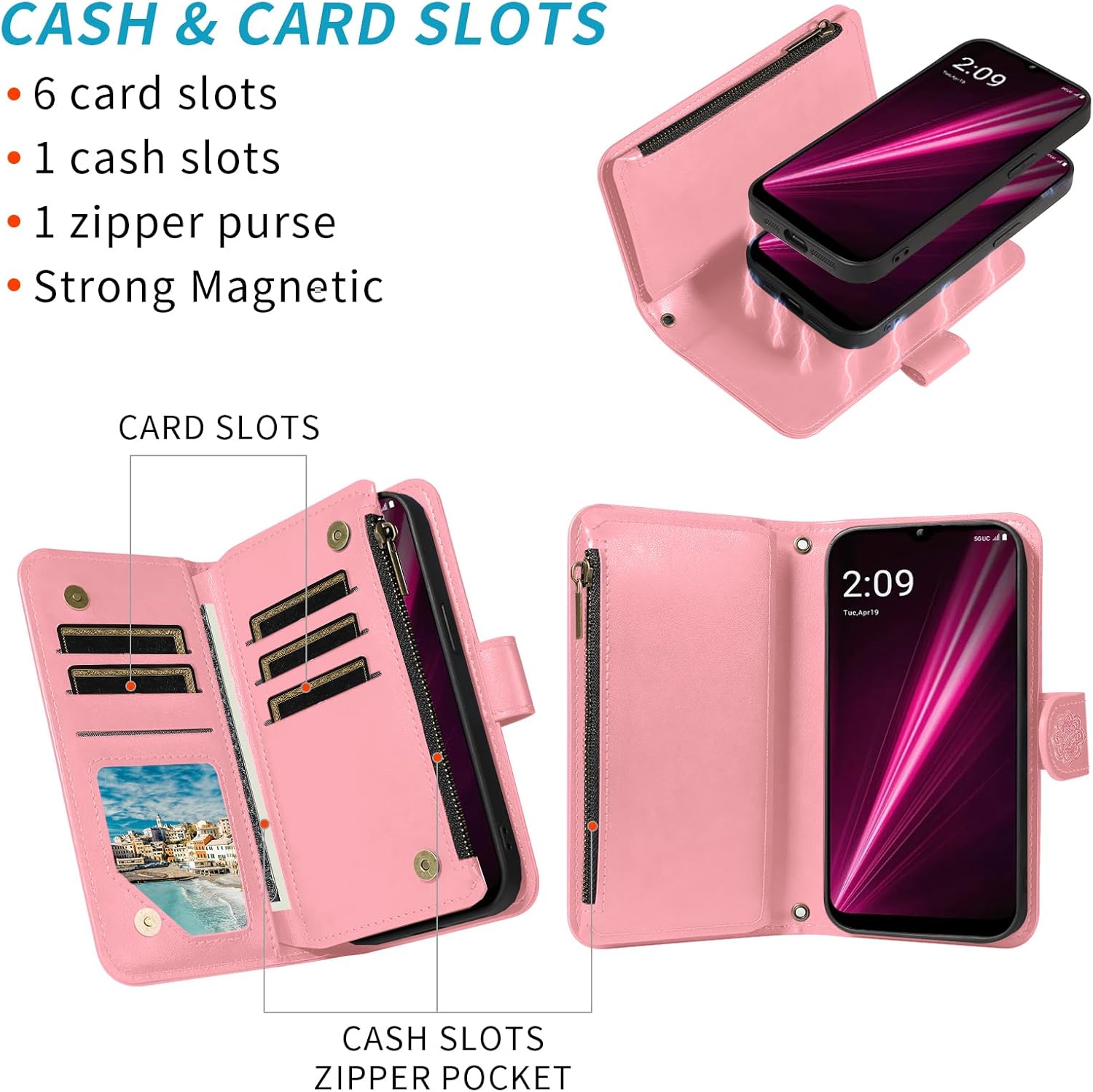Asuwish Phone Case for T-Mobile Revvl 6/6X 5G Zipper Wallet Cell Cover with Screen Protector Strap Flower Card Holder Tmobile Revvl6 X Revvl6X T Mobile Revvl6X5G Revel Tmo Revell Rebel TCL Women Pink