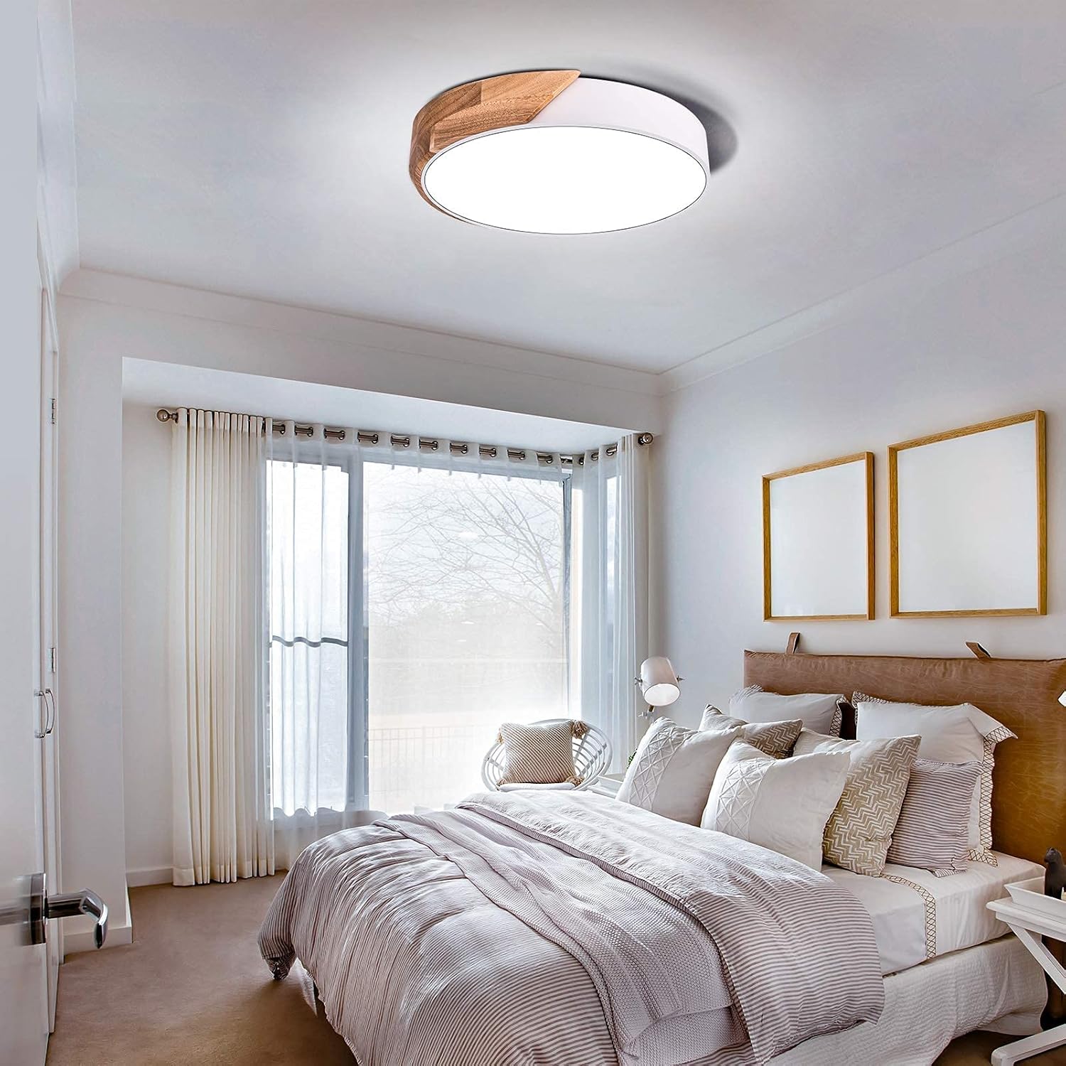 Get Special Price HUOKU Dimmable Flush Mount Ceiling Light 6500K, 15 inches Wood & Metal Modern Round Shape Lighting Fixtures, White Finishing Bedroom Ceiling Light Fixtures