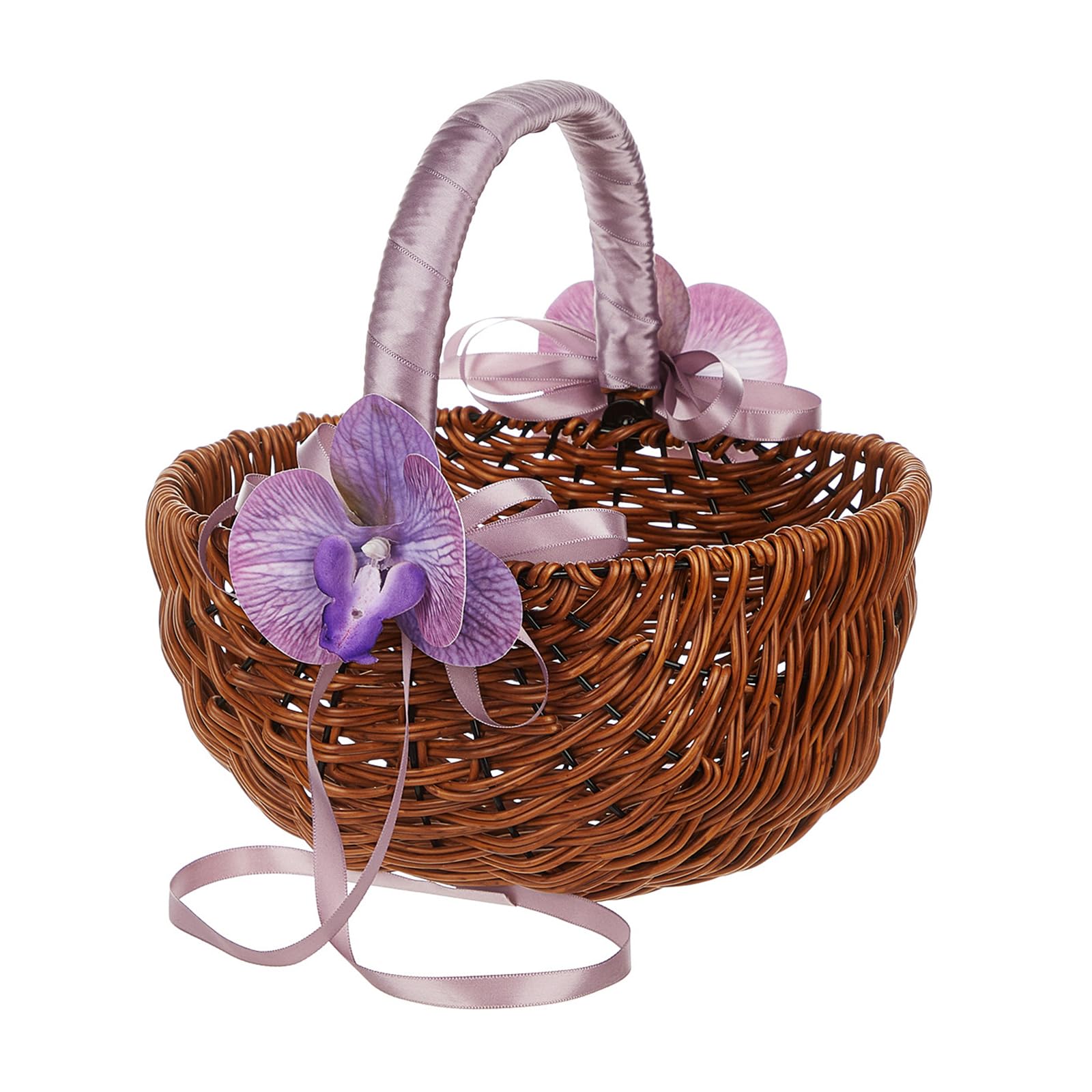Kalttoy Girls Purple Handle Decorative Wicker Flower Baskets With Pearls And Ribbons Perfect For Wedding Aisle Elegant Ceremony Ornament Pearls Handle Basket