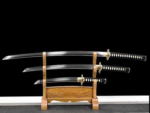 Miniatura 3 de Lyuesword Juego de espada samurái japonesa templada de arcilla funcional completa Katana Wakizashi Tanto Set 3 piezas puede cortar árbol