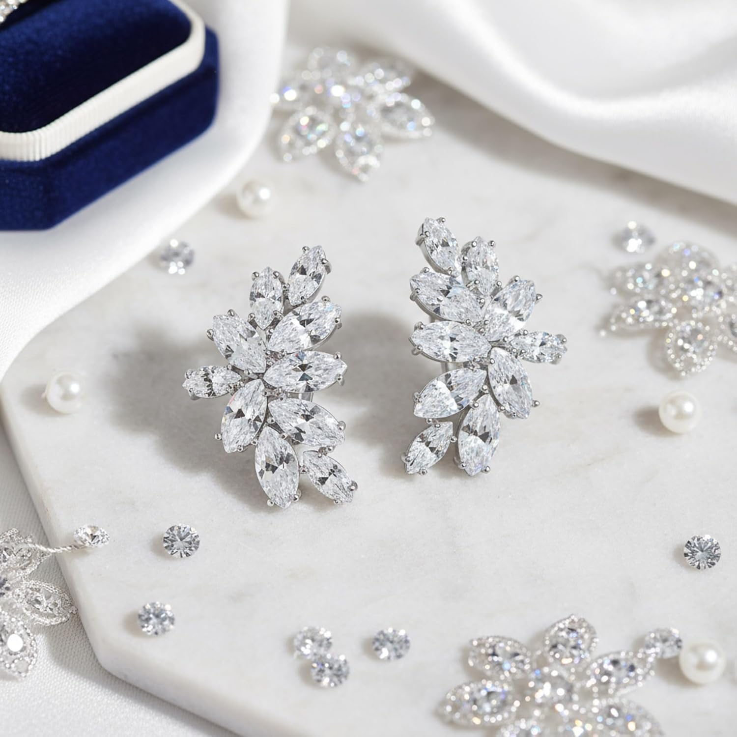 Elegant Classic Bridal Marquise Teardrop Ear Crawler Clusters Cubic Zirconia AAA CZ Leaf Clip On Earrings For Women Wedding Prom Formal Party Silver Plated - Image 4