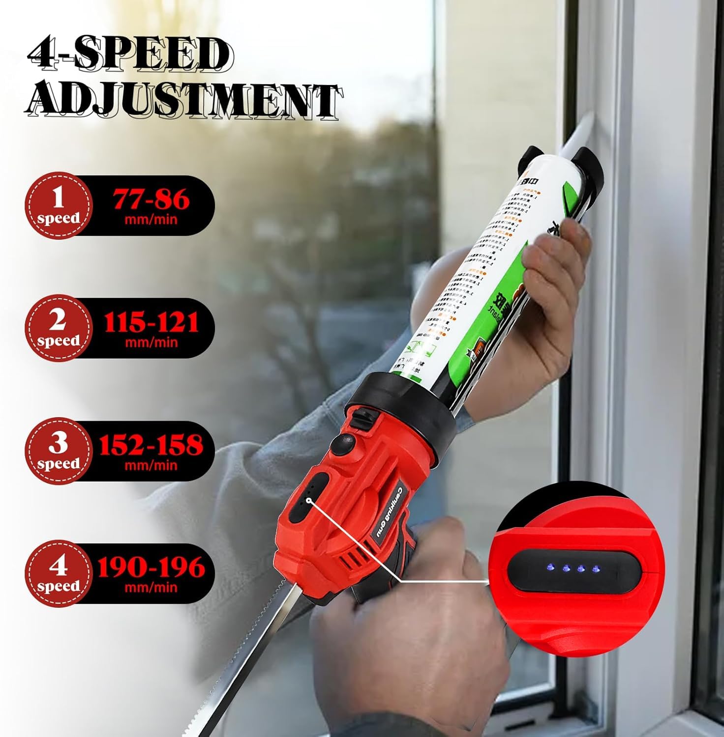 Pistolet à Silicone électrique pour 18V,Pistolet à cartouche electrique 2000mAh,Pistolet silicone avec LED,4 vitesses,Pistolet Silicone 300ML pour Sceller,Étanchéifier (2× Batterie)