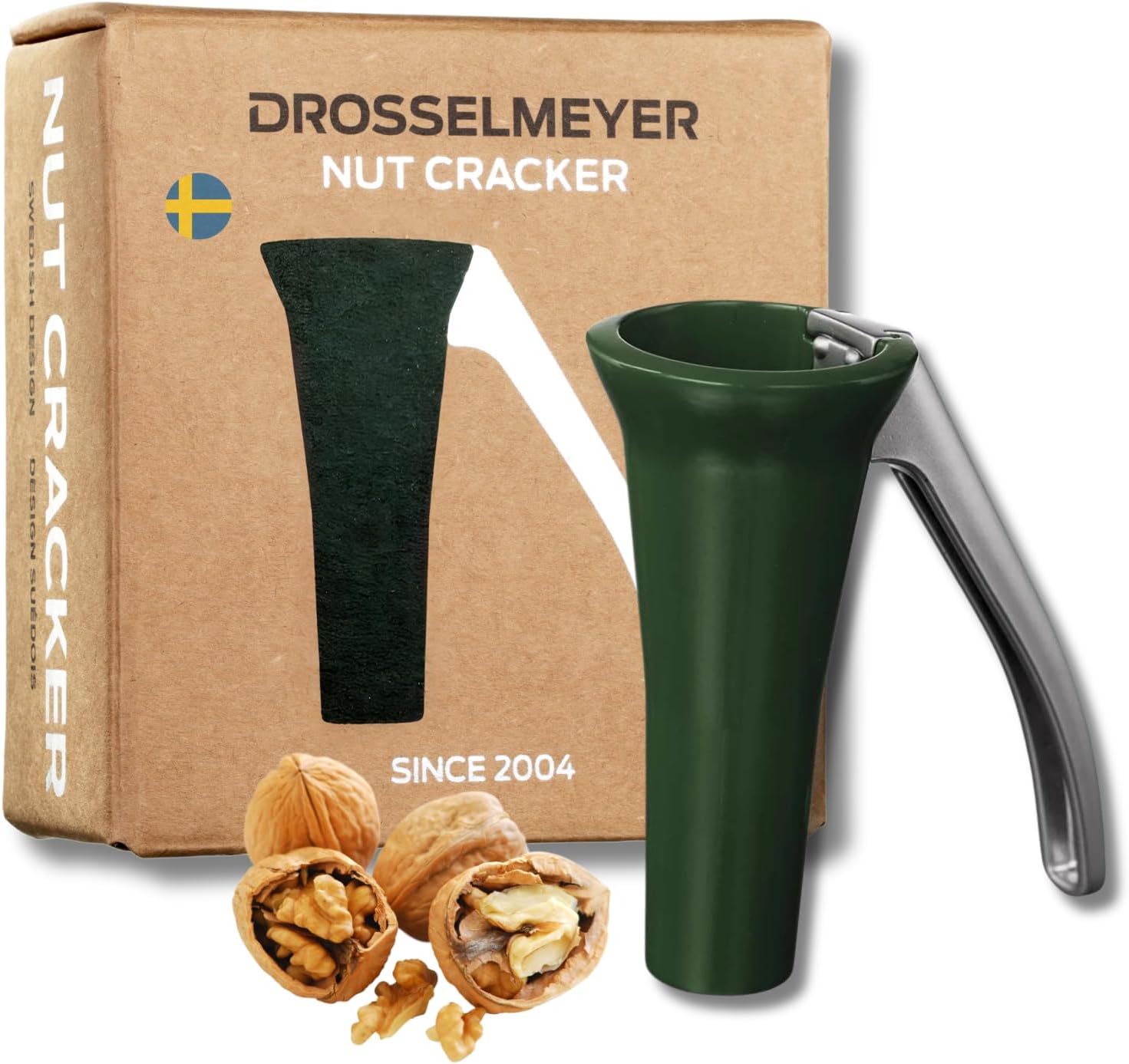 Drosselmeyer Nutcracker - Heavy Duty Swedish Nut Cracker for Walnuts, Pecans, Brazil Nuts & All Nuts - Ergonomic Metal Walnut Cracker Tool, No Mess, Dishwasher Safe - Award-Winning Design (Green)