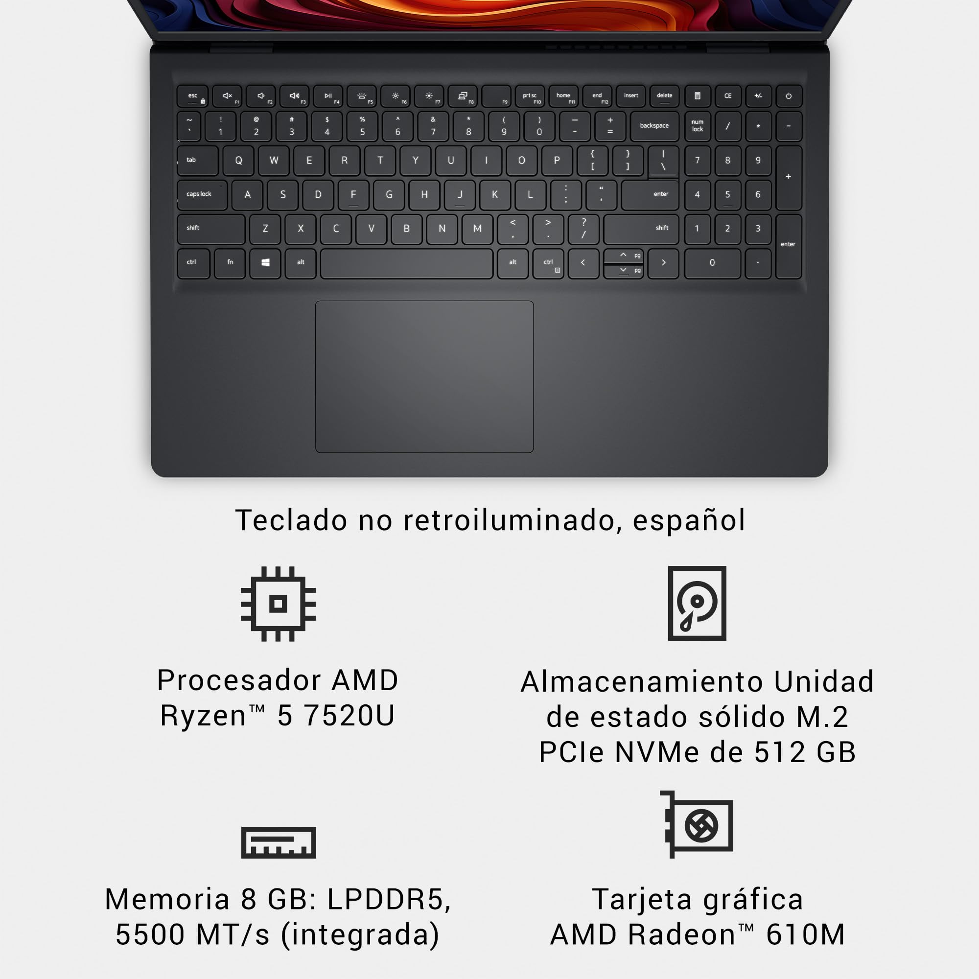 DELL 15 Ordenador Portátil DC15255 15.6" FHD (1920 x 1080) 120Hz, Procesador AMD Ryzen 5 7520U, Gráficos Radeon 610M, 8GB LPDDR5 RAM, 512GB SSD, Windows 11 Home, Teclado QWERTY Espanol - Negro