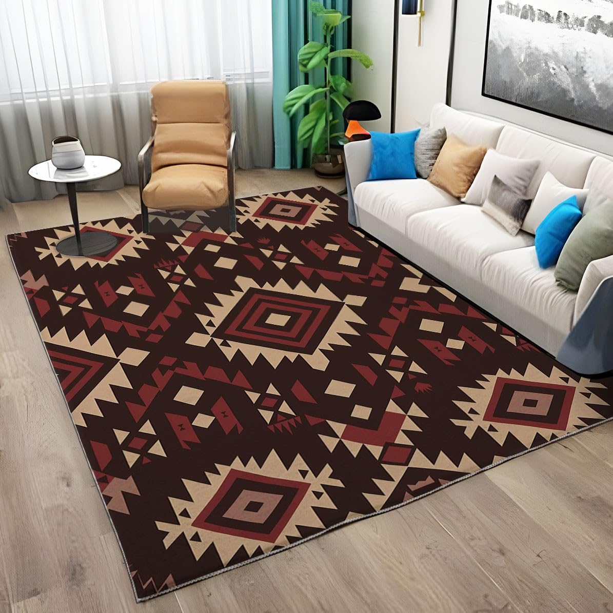 Tapis Chambre Traditionnel Motif Aztèque Rouge Profond Tapis de Salon 80x150 cmTapis de Salon Doux à Poils Courts Tapis Antidérapant Intérieur Moelleux pour Salon Chambre Salle à Manger Bureau