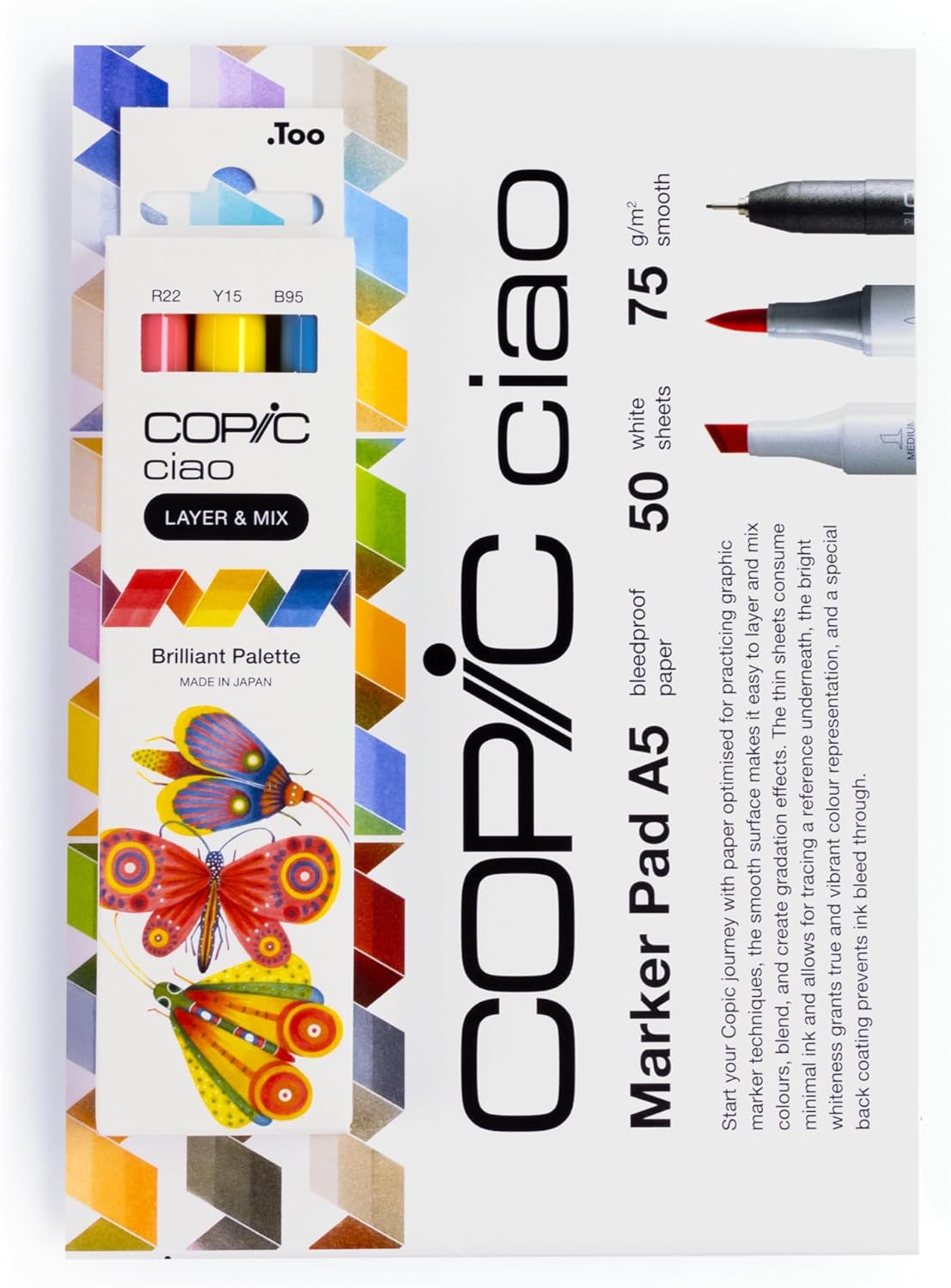 COPIC Ciao LAYER & MIX Starter Set Brilliant Marker Set with 3 Colours, Marker Paper and Drawing Template for Tracing, Includes Learning Exercise Sheet