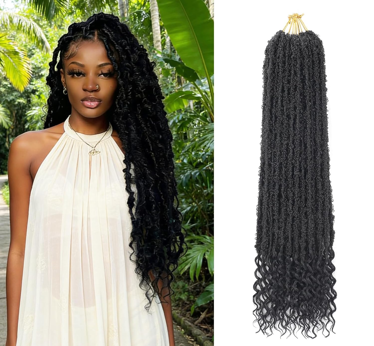 Butterfly Curly Crochet Hair 30 Inch 6 Packs Color Natural Black, Bohemian Butterfly Braids with Curly Ends Pre-looped Hair Extensions (6 Packs, 1B)