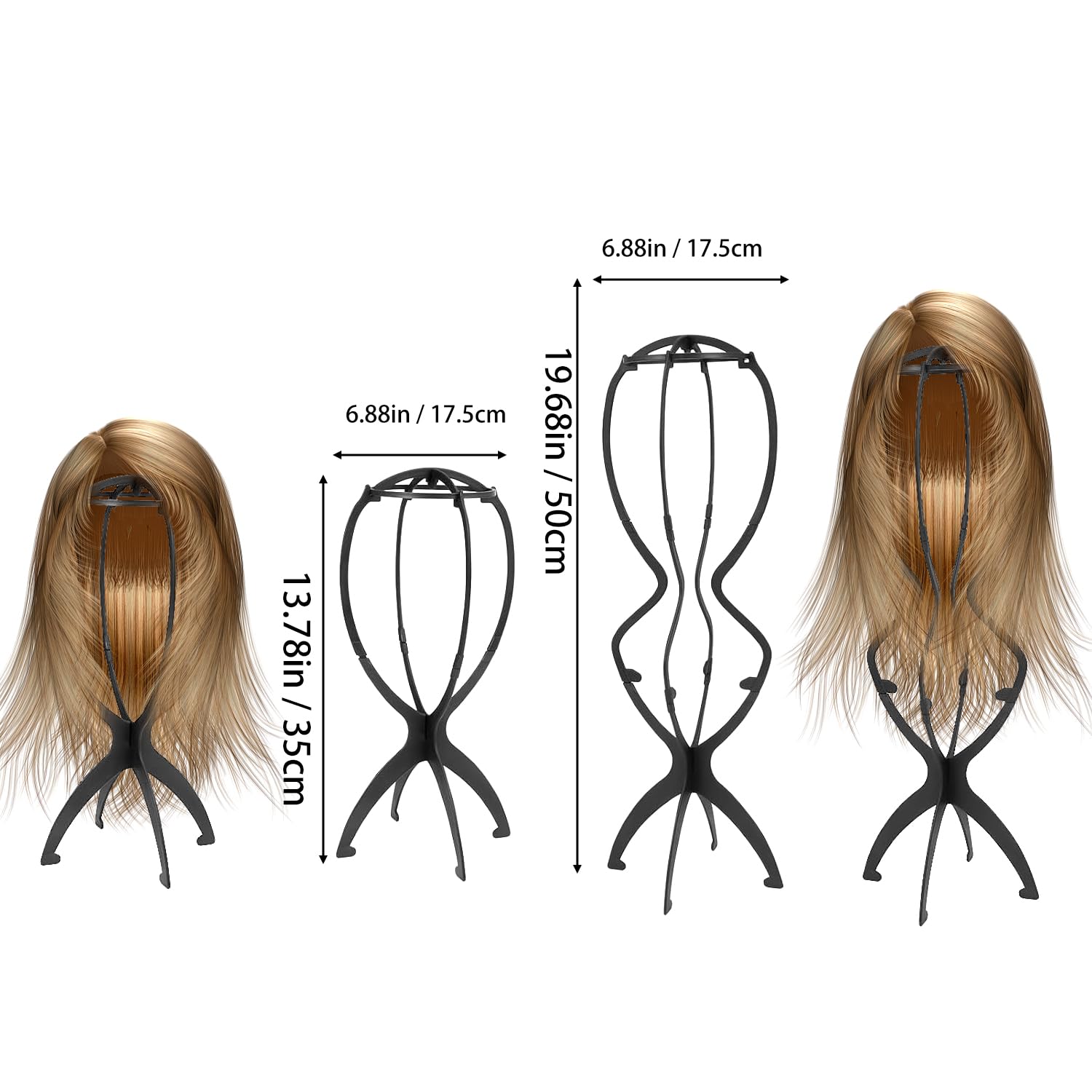 YUNYU Adjustable Wig Stand, 50 cm Tall, Plastic Display Head for Long Hair Foldable, 2-Pack, Black - Image 2