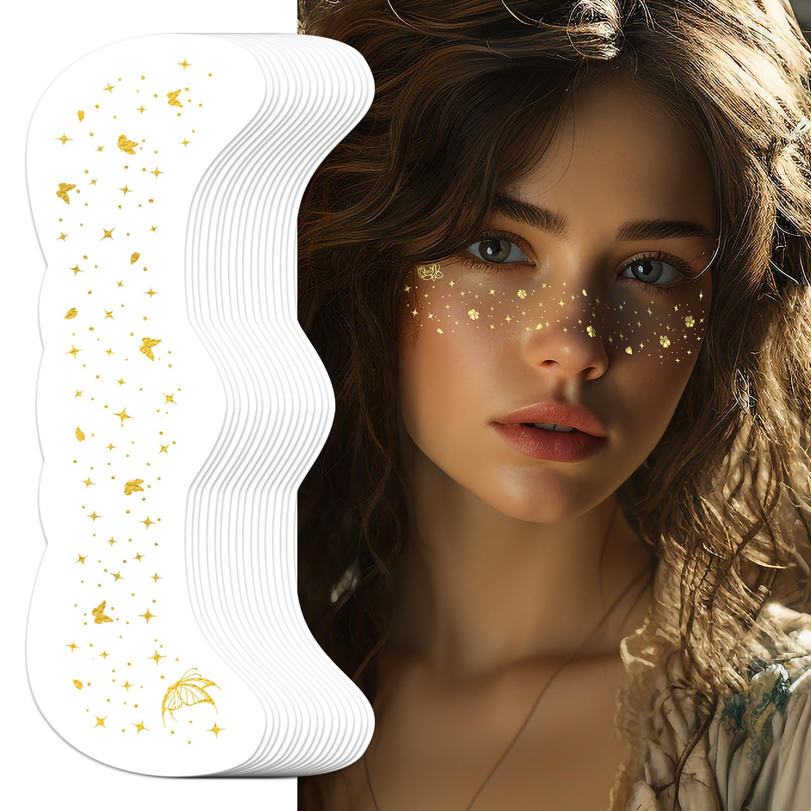 EMOME Glitter Freckles Face Tattoo, 16 PCS Gold Fake Freckles Star Face Faux Freckles Waterproof Sparkle Makeup Patches for Women, Kids, Girl