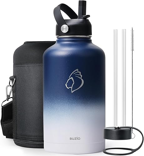 BUZIO Botella de agua aislada con tapa de pajilla y tapa flexible, 32 oz, 40 oz, 64 oz, 87 oz moderna, acero inoxidable de doble vacío, fría por 48