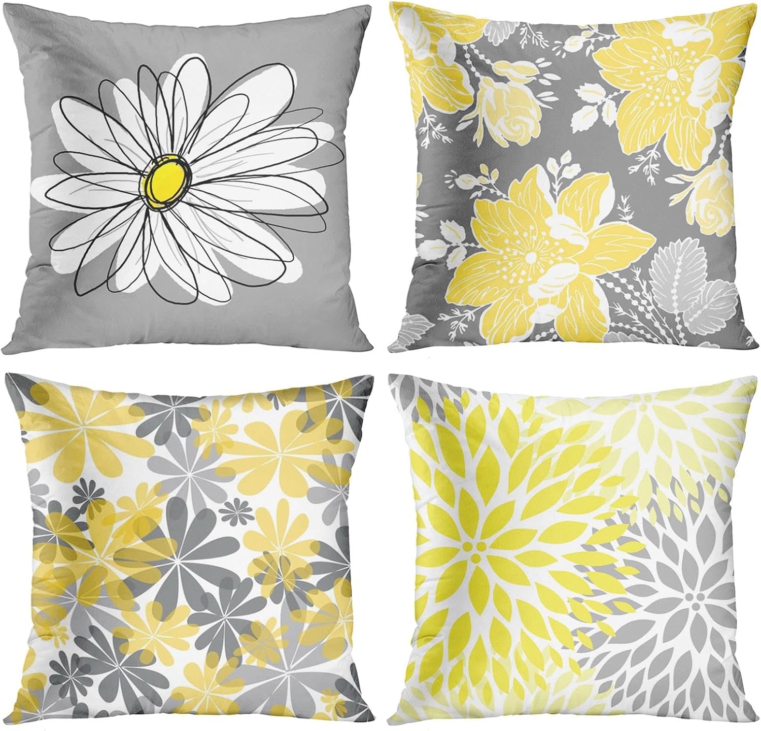 Emvency Juego de 4 fundas de almohada grises y amarillas, diseño de margaritas modernas con bonitas flores blancas para sofá de mano, fundas de
