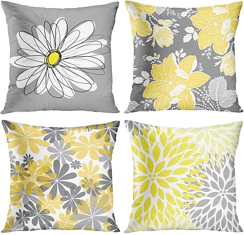 Emvency Juego de 4 fundas de almohada grises y amarillas, diseño de margaritas modernas con bonitas flores blancas para sofá de mano, fundas de